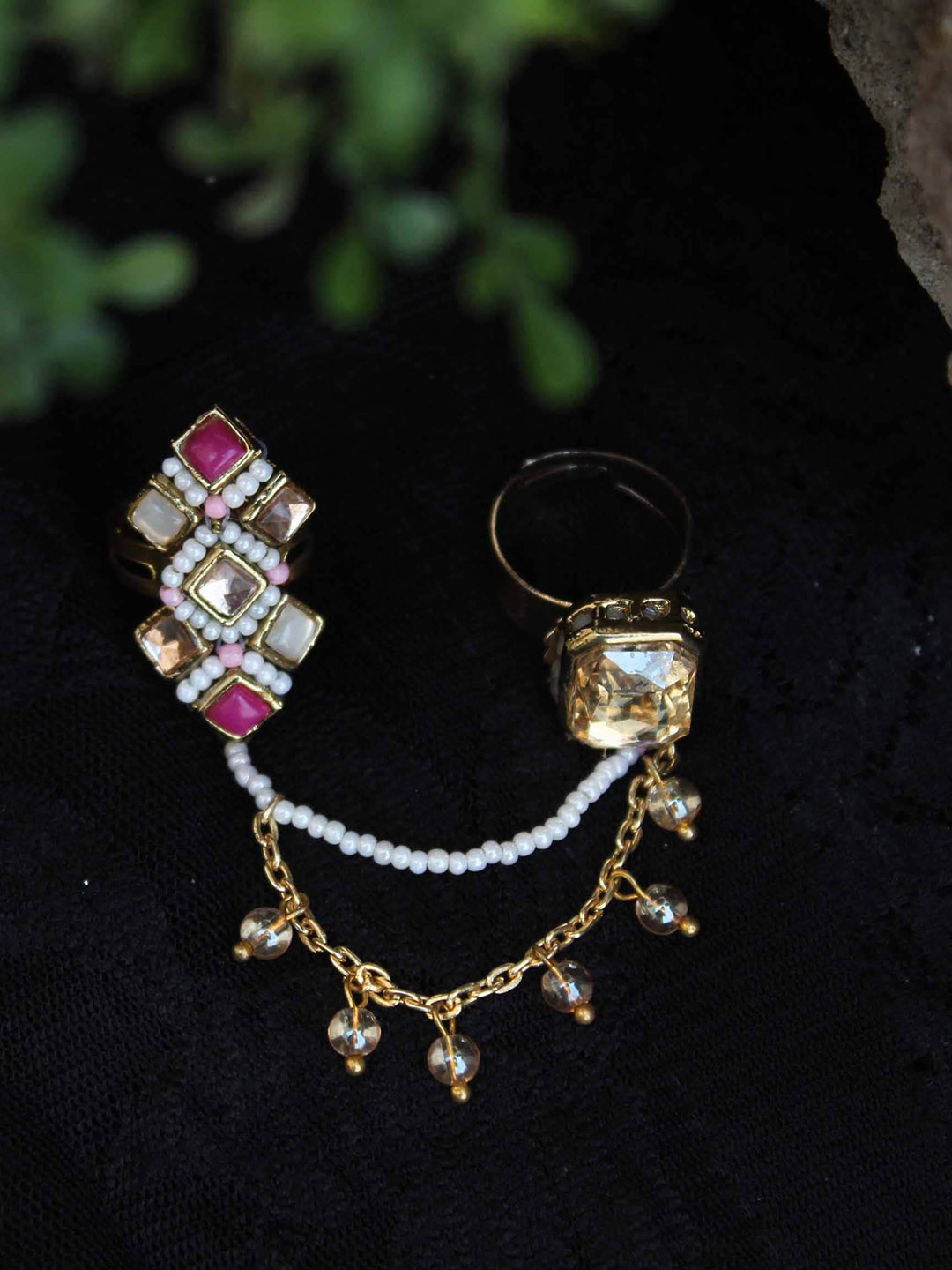 BeAbhika Gold Plated Stones Studded & Beaded Two-Finger Rings