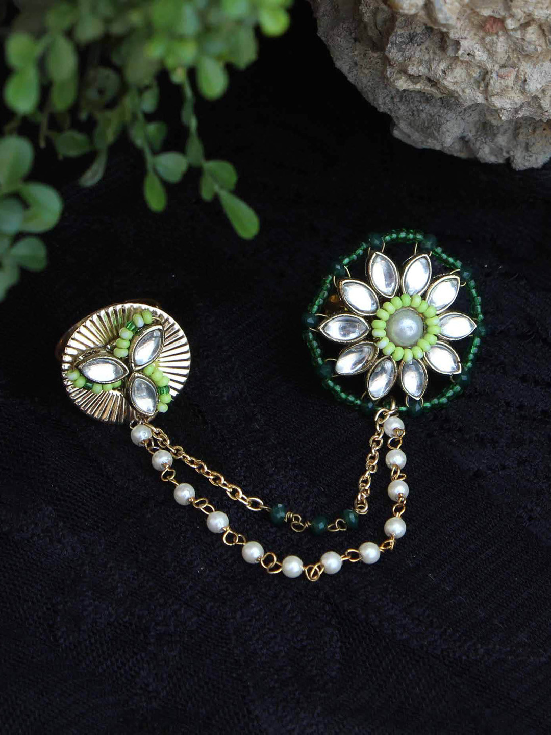 BeAbhika Gold Plated Stones Studded & Beaded Double-Finger Rings