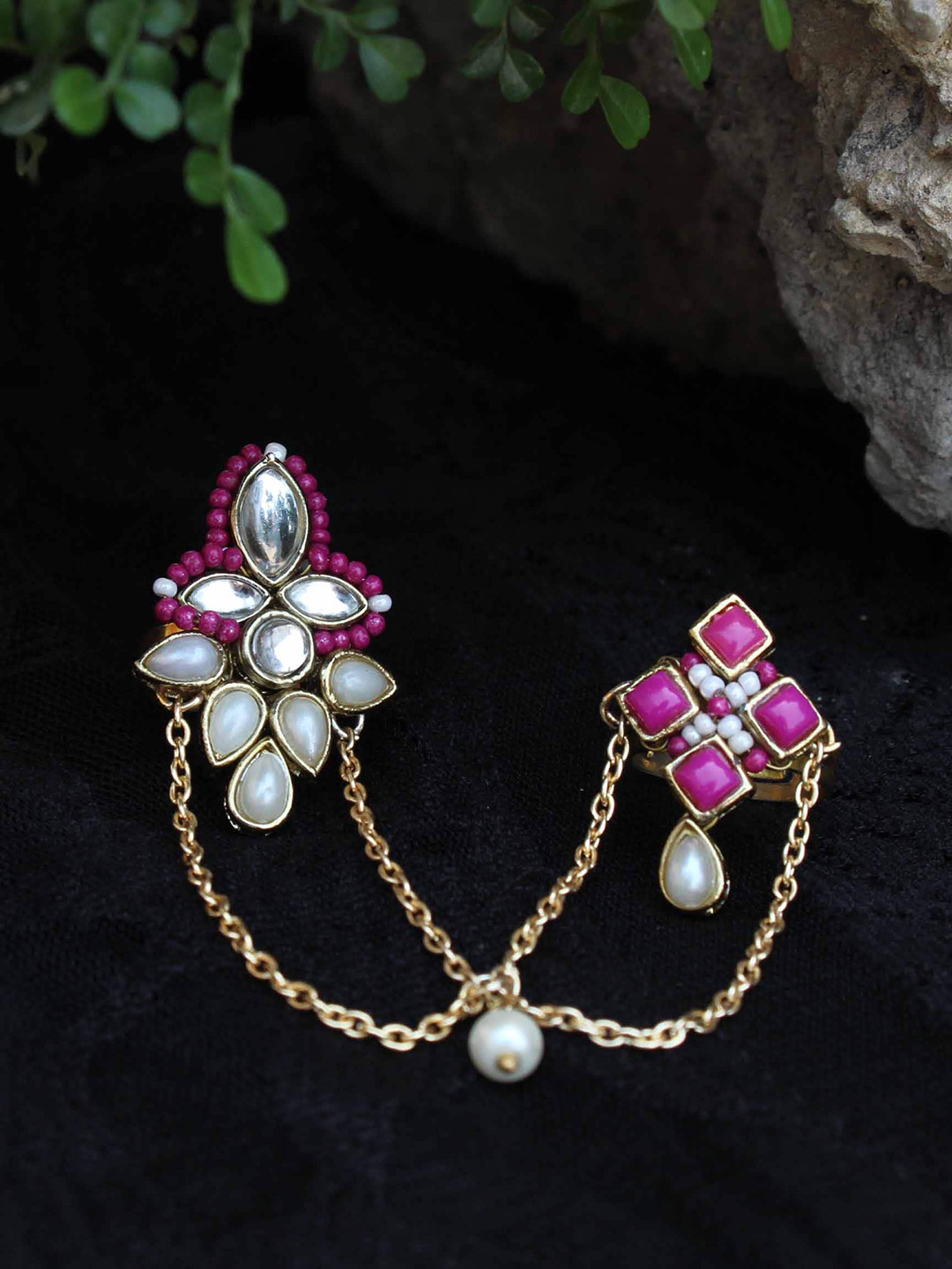 BeAbhika Gold Plated Stones Studded & Beaded Double-Finger Rings