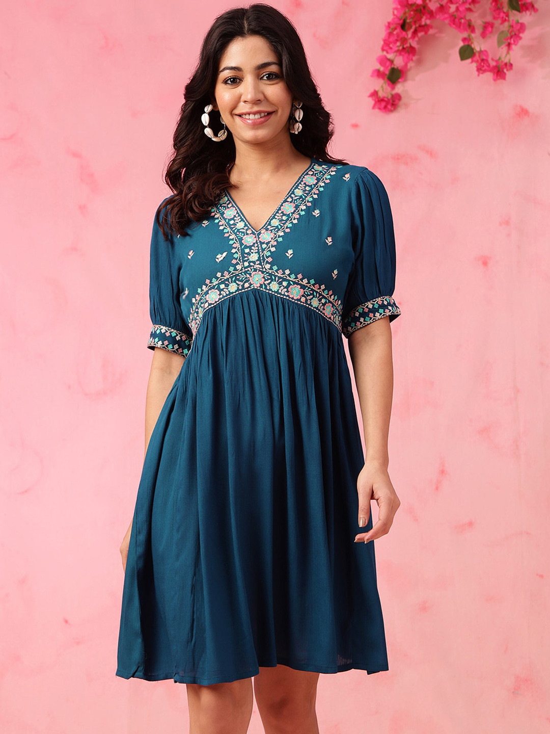 Anouk Teal Floral Embroidered Puff Sleeves A-Line Knee Length Liva Ethnic Dress