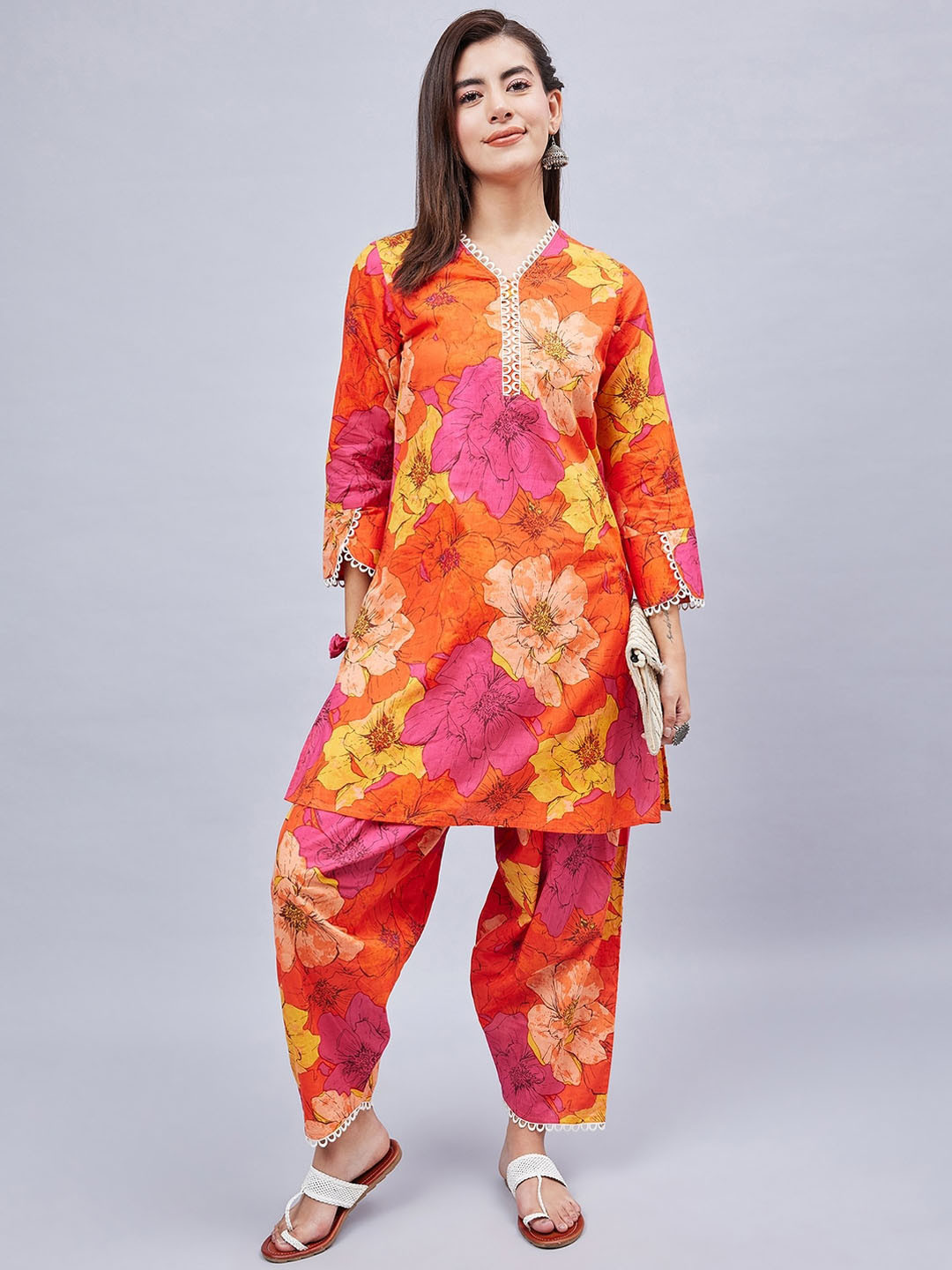 WineRed Floral Printed V-Neck Pure Cotton Straight Kurta With Farshi Salwar