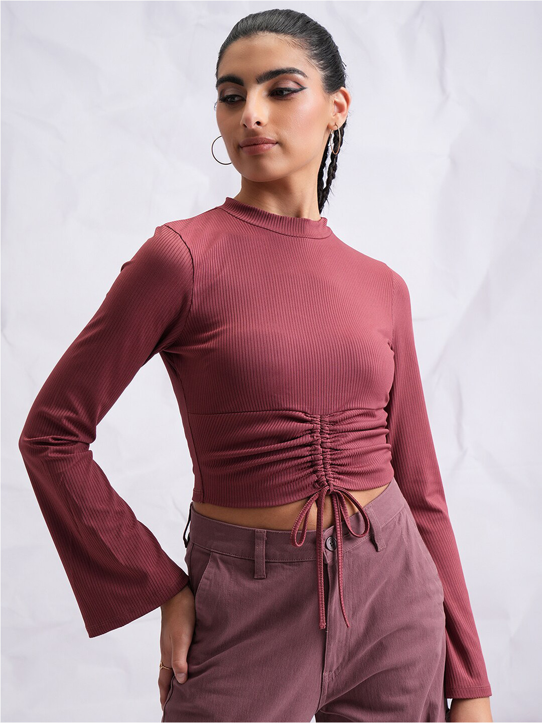 Tokyo Talkies Flared Sleeve Rib Mock Neck Crop Top