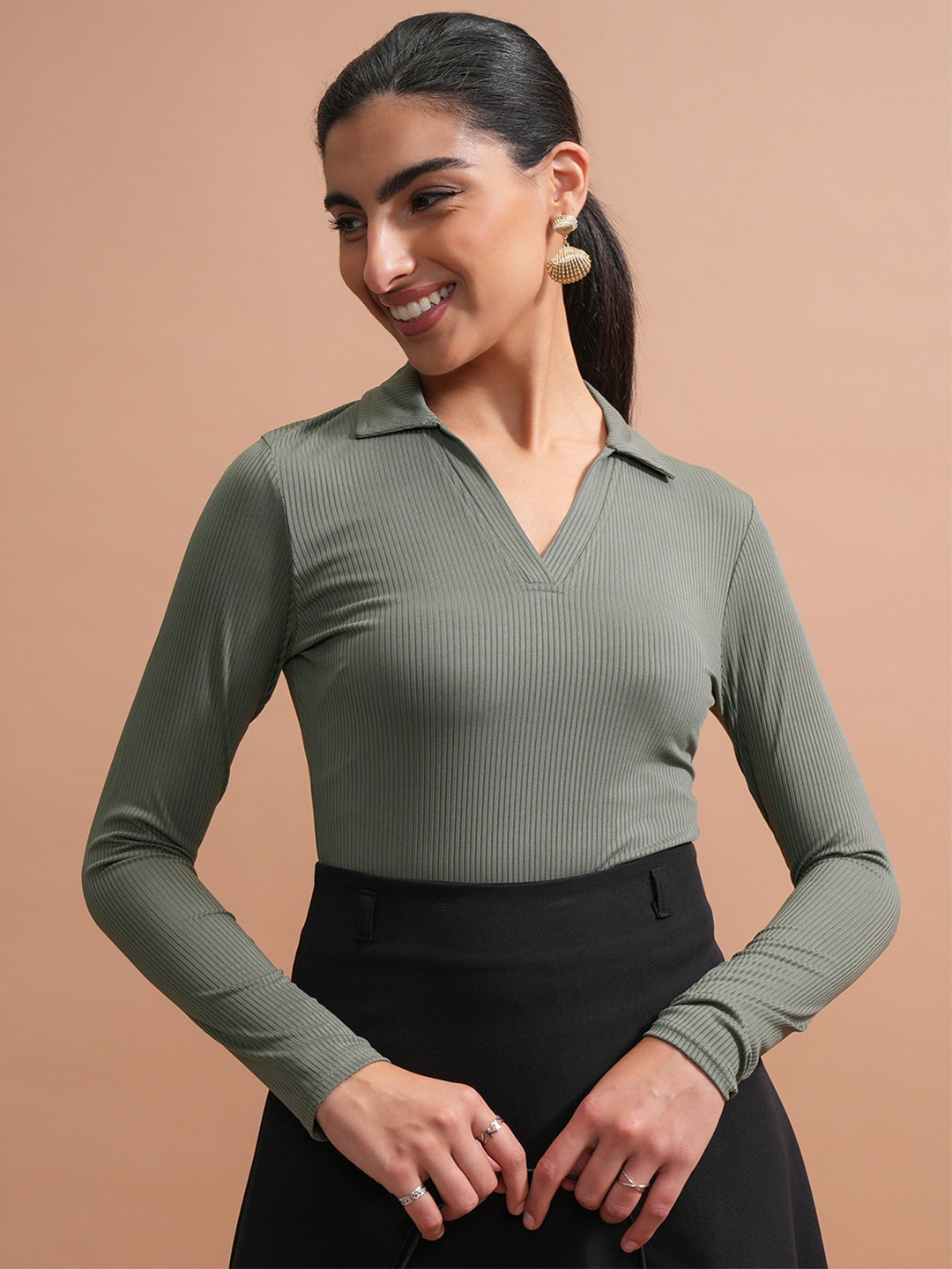Tokyo Talkies Full Sleeve Polo Neck Bodysuit Top