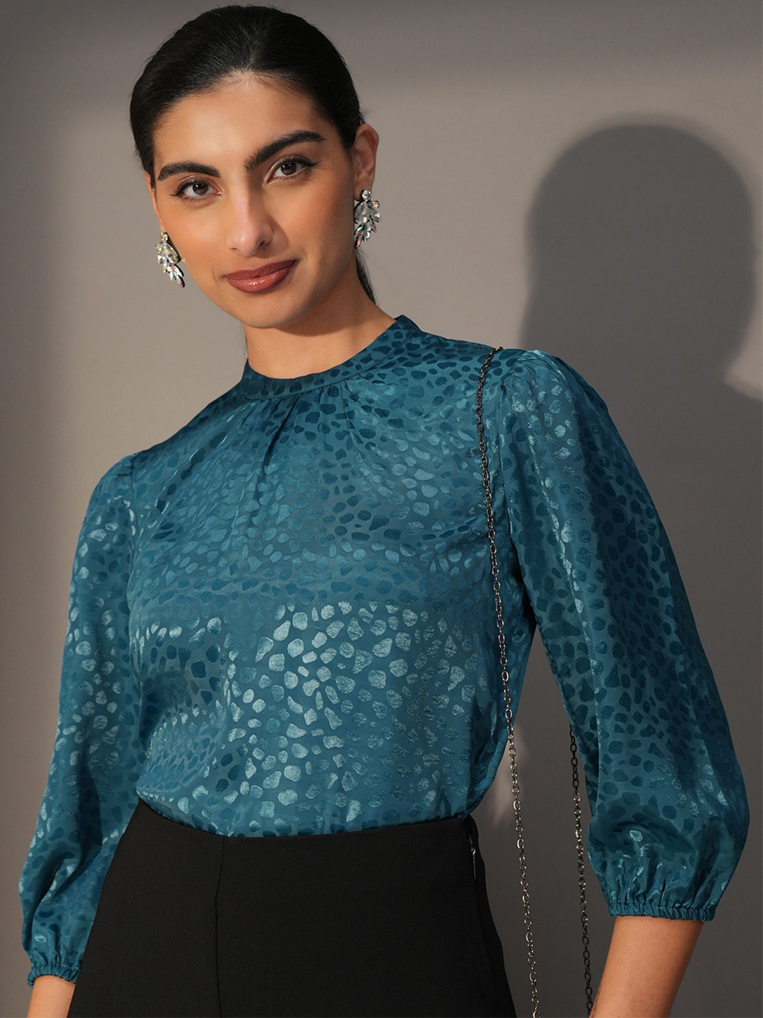 Tokyo Talkies Teal Blue Self Design High Neck Puff Sleeves Gathering Top