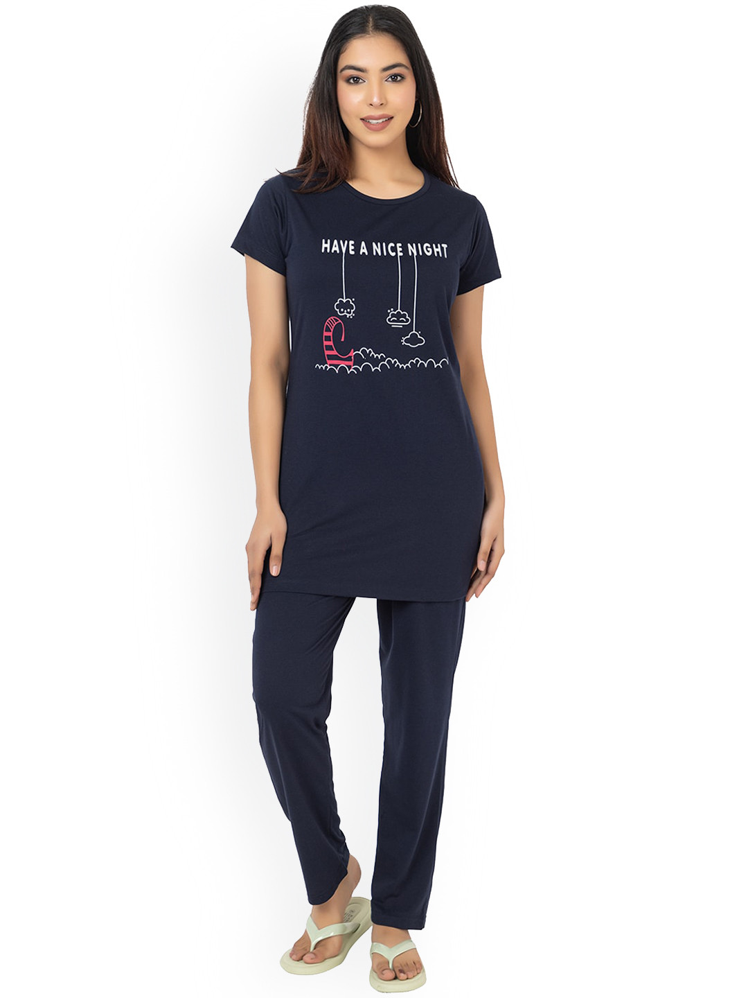 Bell Paper Typography Printed Pure Cotton T-shirt with Pyjamas