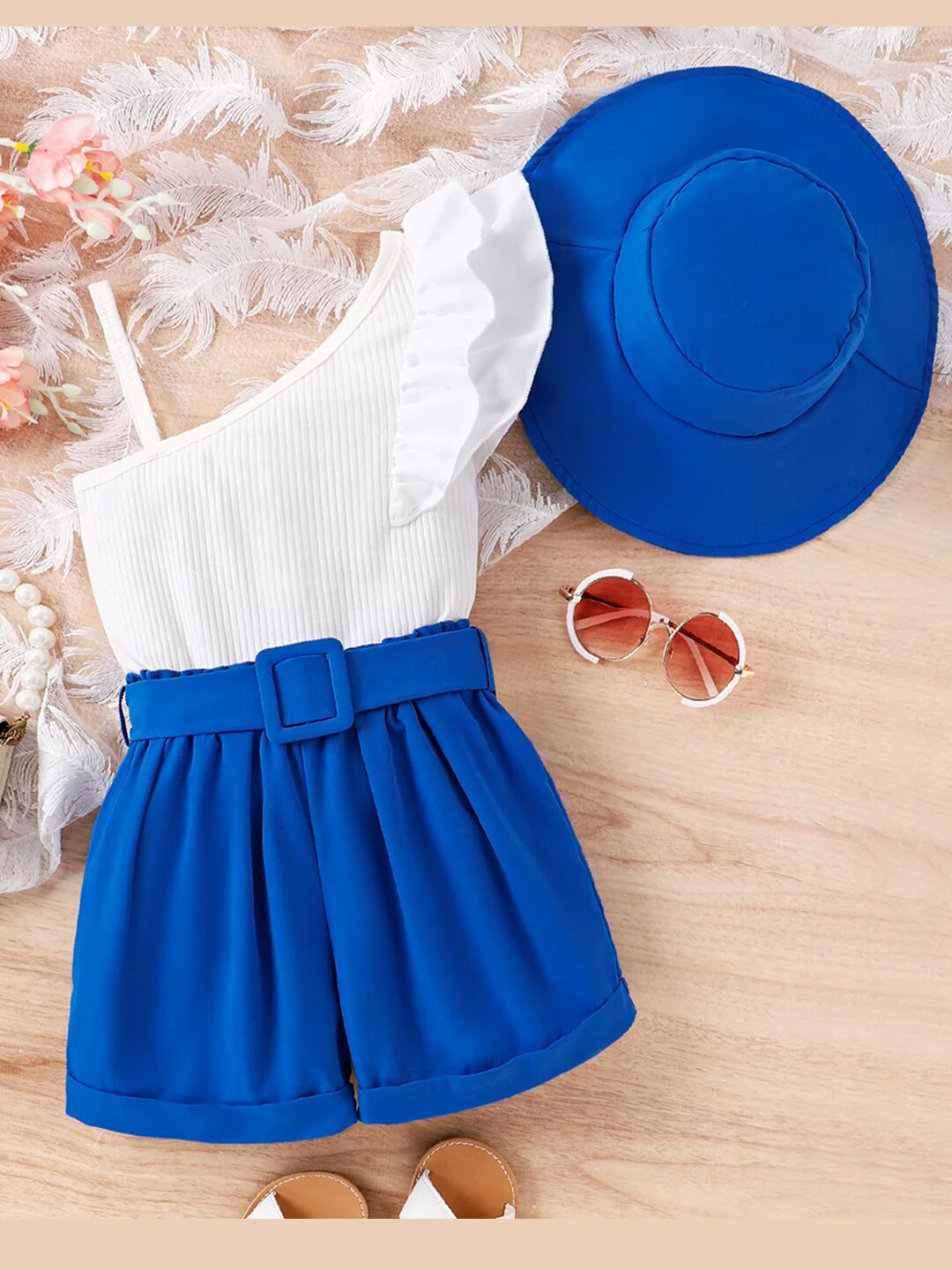 Bold N Elegant Girls One Shoulder Top With Shorts & Hat