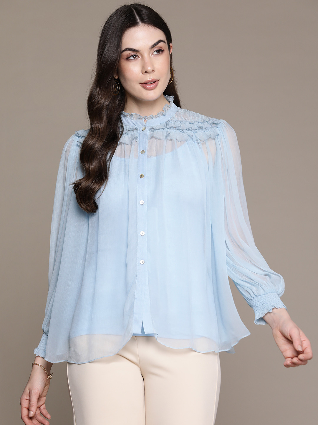 Label Ritu Kumar Bishop Sleeves Ruffles Chiffon Top