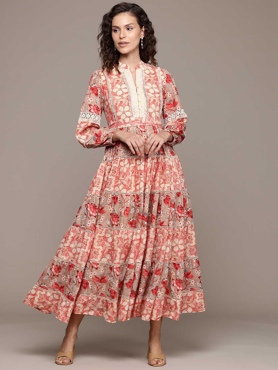 Label Ritu Kumar Floral Print Puff Sleeves A-Line Maxi Dress With Tie-Ups Detail