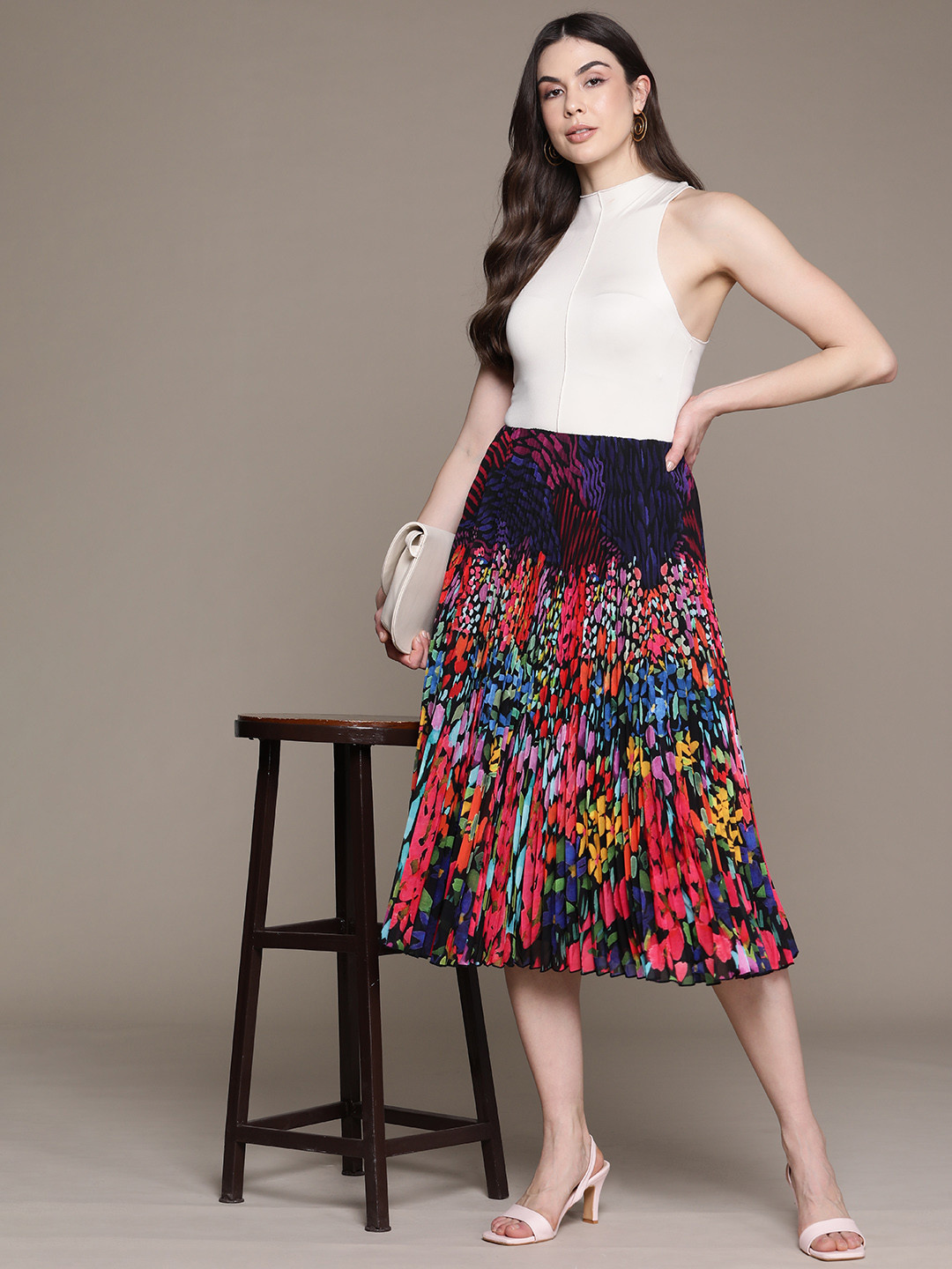 Label Ritu Kumar Abstract Printed Accordion Pleated Georgette Skirt