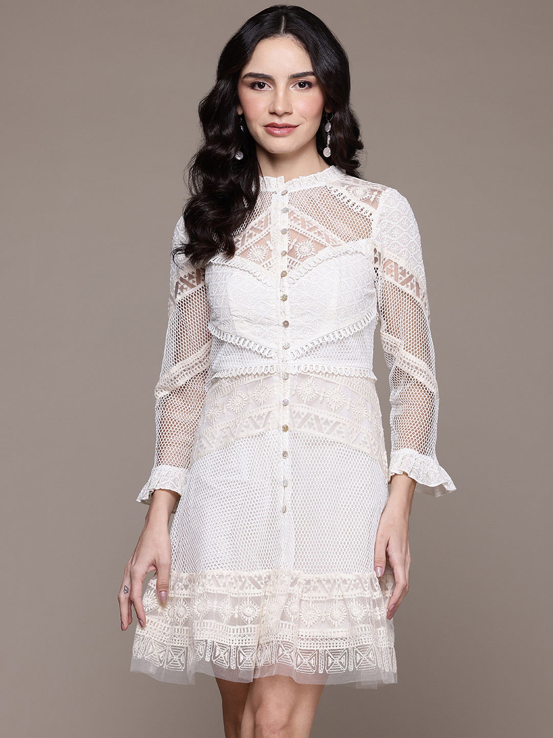 Label Ritu Kumar Self Design Bell Sleeves A-Line Dress