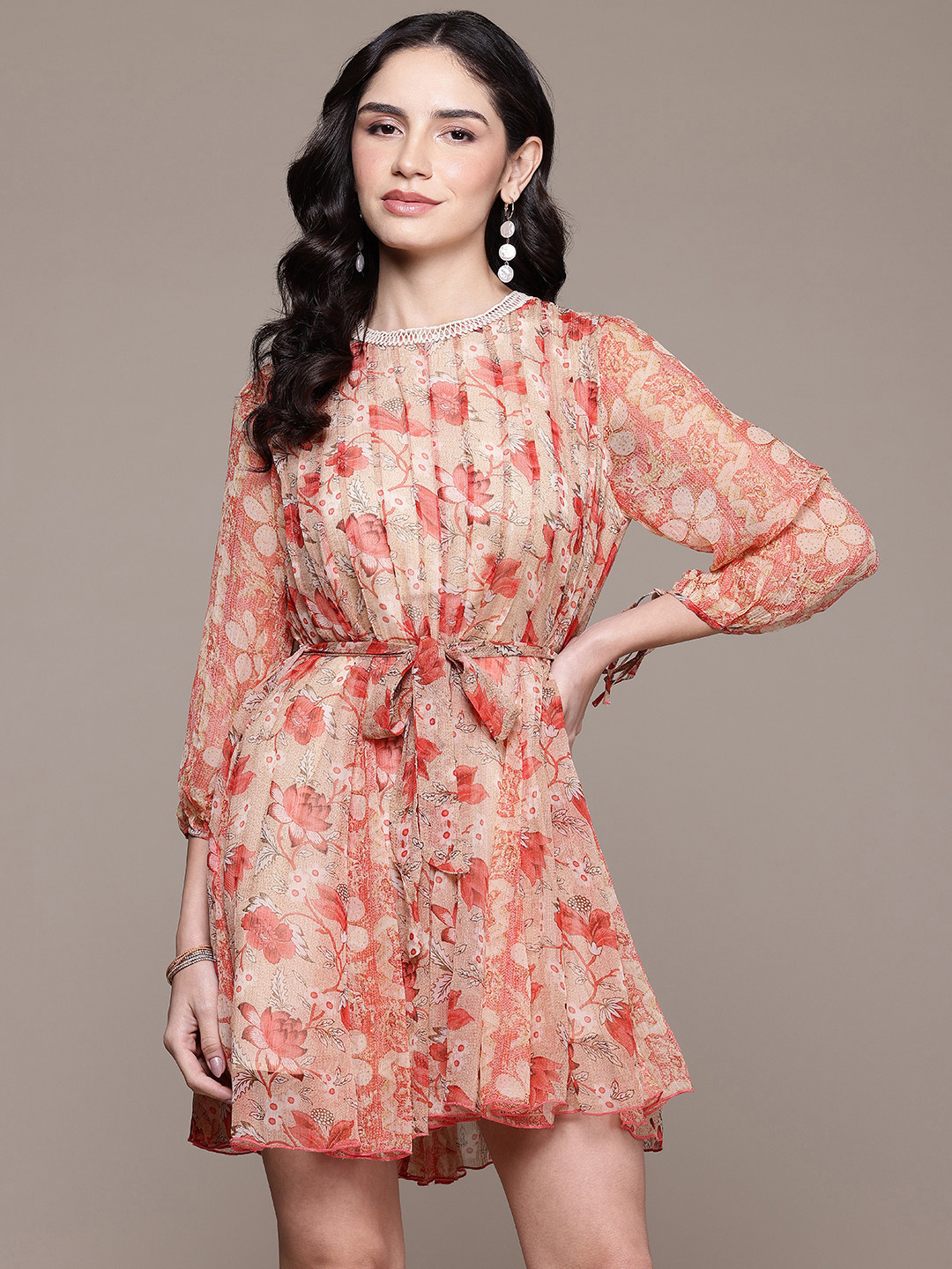 Label Ritu Kumar Floral Print Chiffon A-Line Dress With Belt