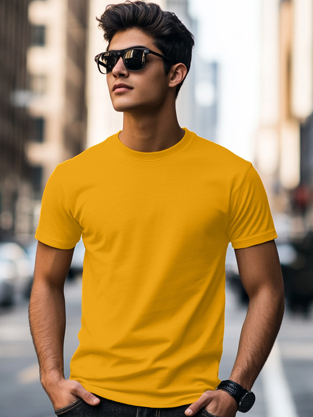 VEIRDO Men Mustard Solid Pure Cotton Round Neck Short Sleeves T-shirt