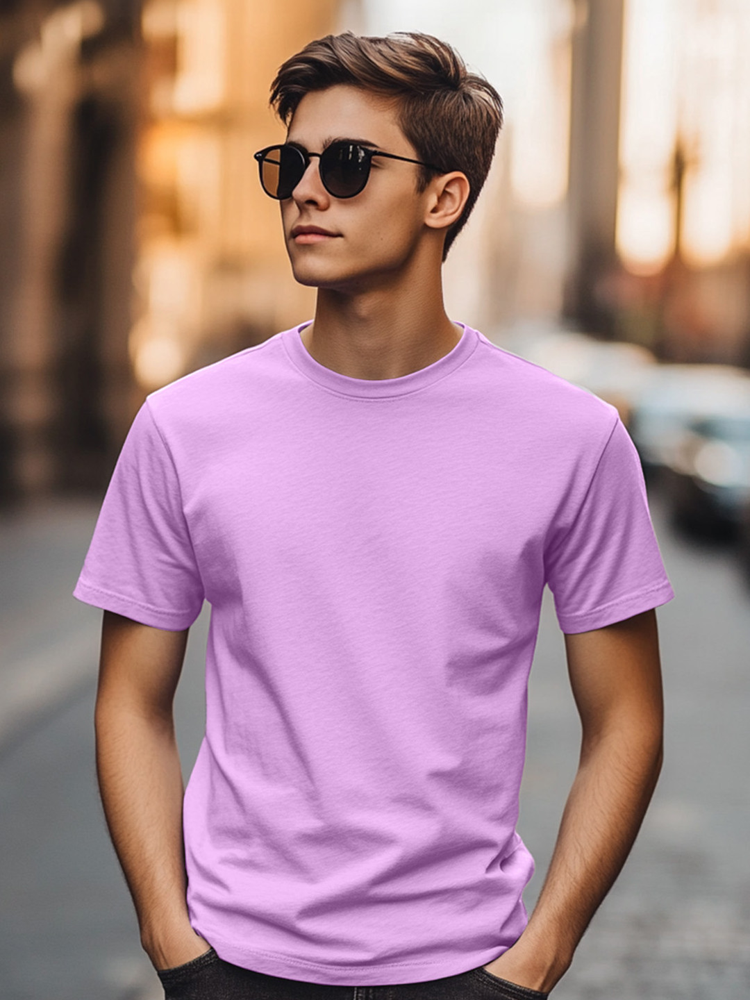 VEIRDO Men Purple Solid Pure Cotton Round Neck Short Sleeves T-shirt