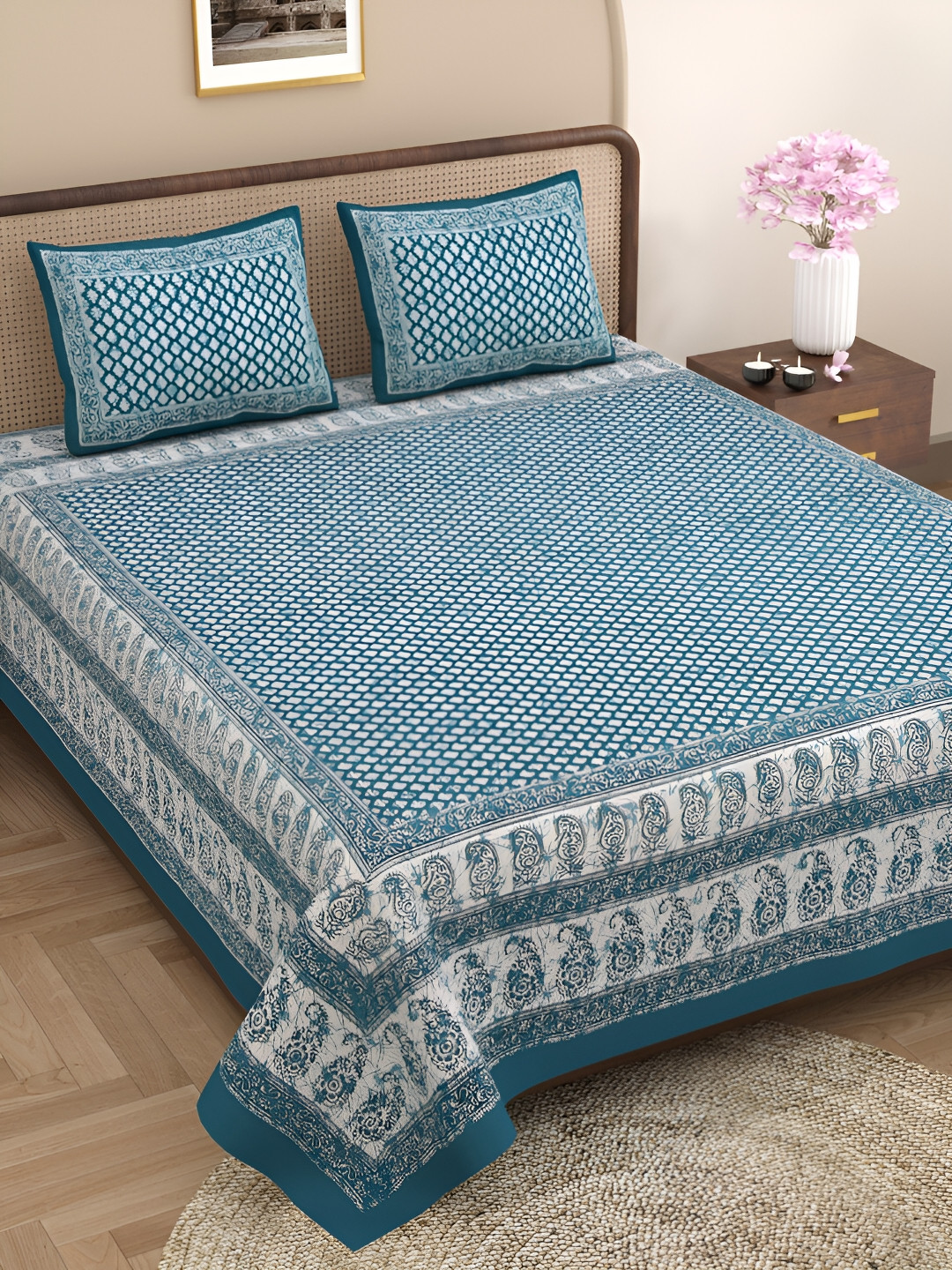 Aura Authentic Jaipuri Blue Ethnic Motifs Cotton Breathable 144 TC Queen Bedsheet with 2 Pillow Covers-102 x 90 inches