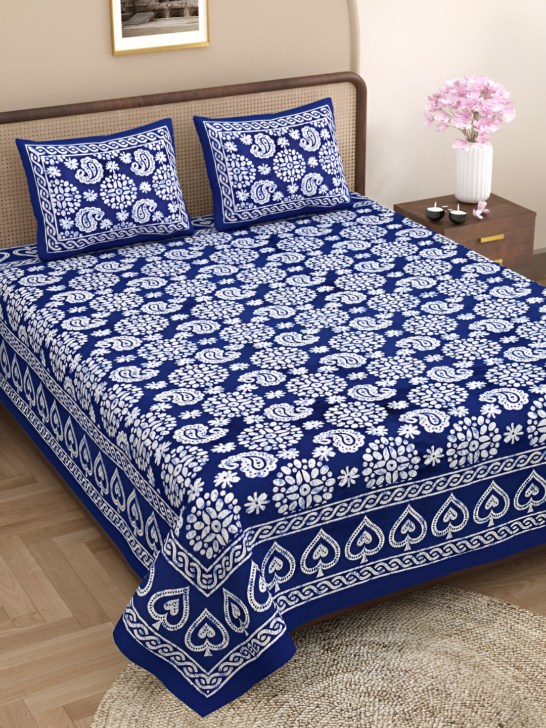 Aura Authentic Jaipuri Prints Blue Ethnic Motifs Cotton 144 TC Queen Bedsheet with 2 Pillow Covers-90 x 102 inches