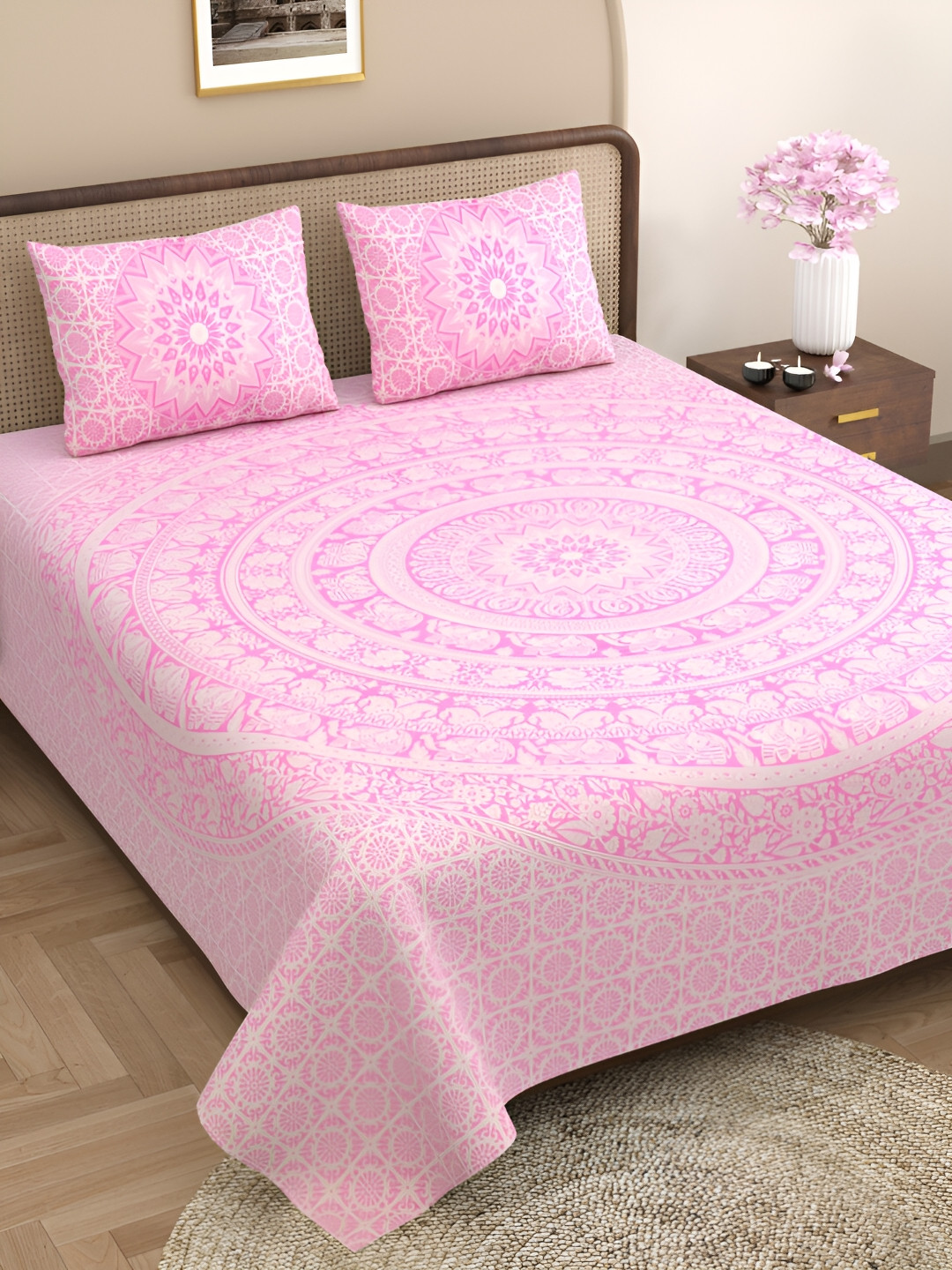 Aura Authentic Jaipuri Prints Pink Ethnic Motifs Cotton 144 TC Queen Bedsheet with 2 Pillow Covers-59 x 87 inches