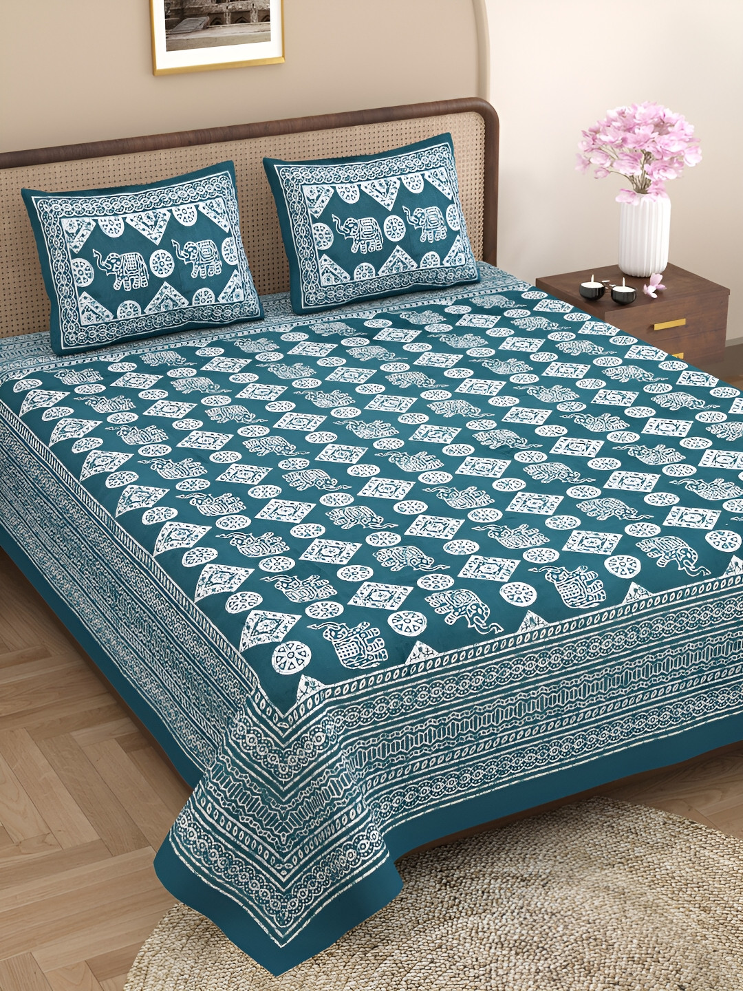 Aura Authentic Jaipuri Blue Ethnic Motifs Cotton 144 TC Queen Bedsheet with 2 Pillow Covers-90 x 102 inches