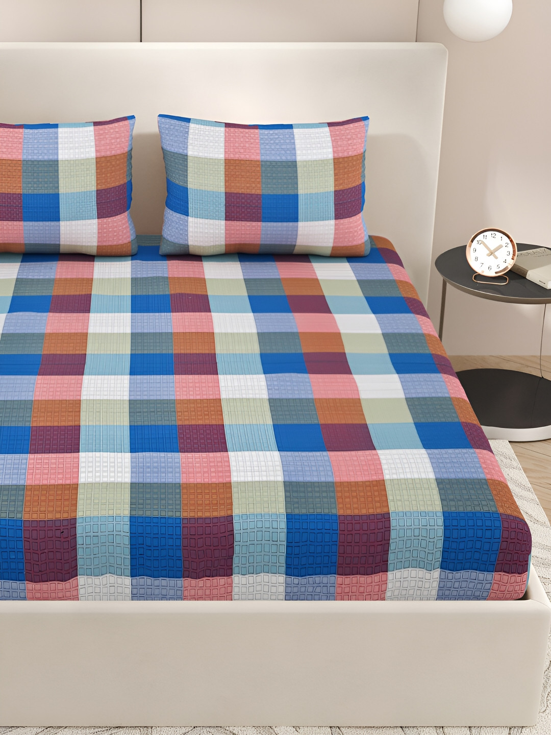 Aura Premium Purple Checked Cotton 144 TC Queen Bedsheet with 2 Pillow Covers-89 x 98 inches