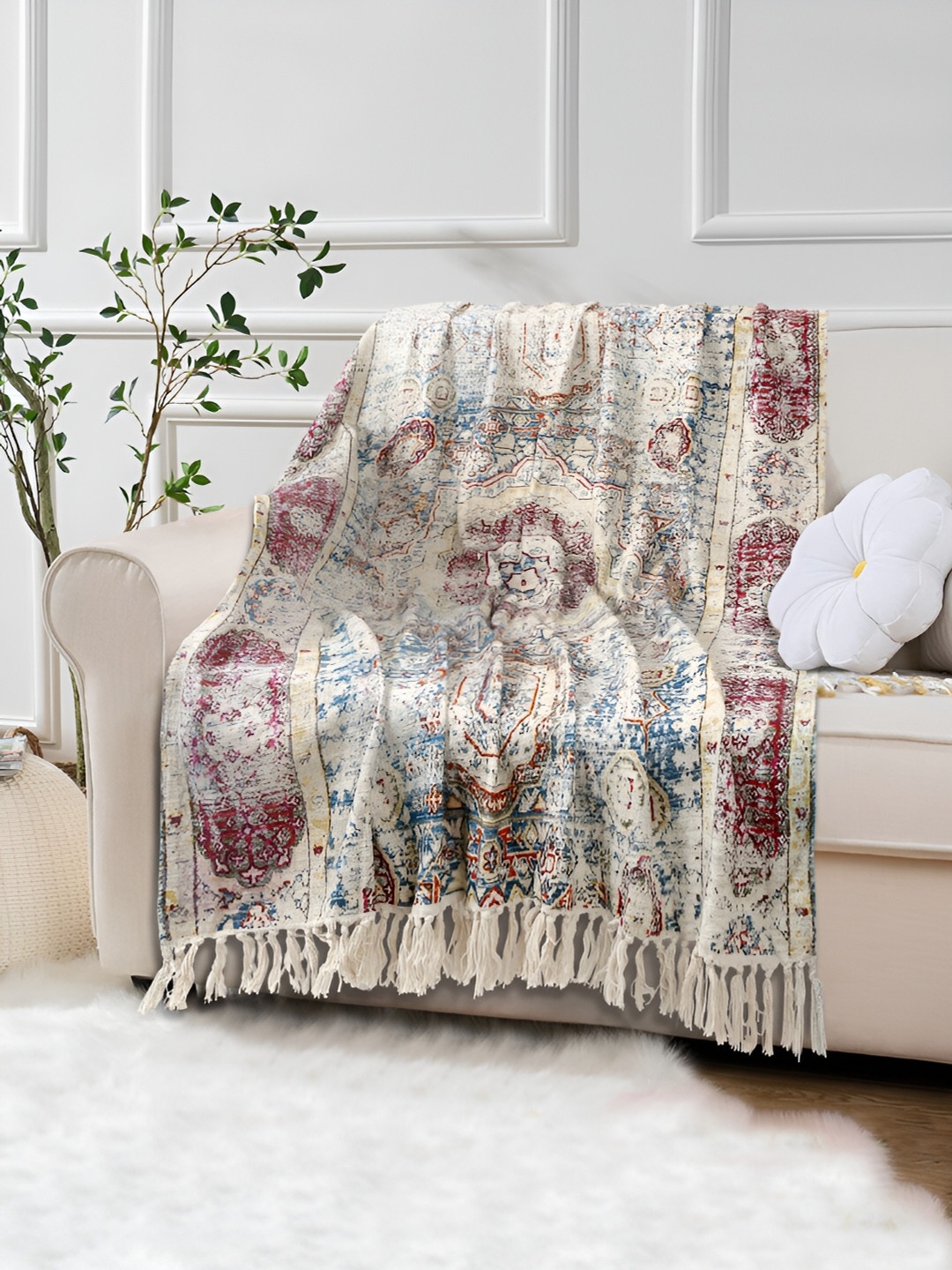 eyda Off White & Blue Printed Cotton Throw Blanket