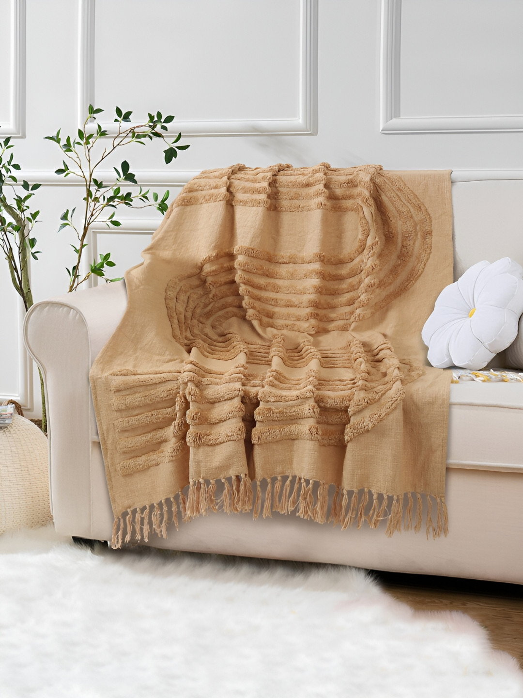 eyda Beige Tufted Cotton Throw Blanket