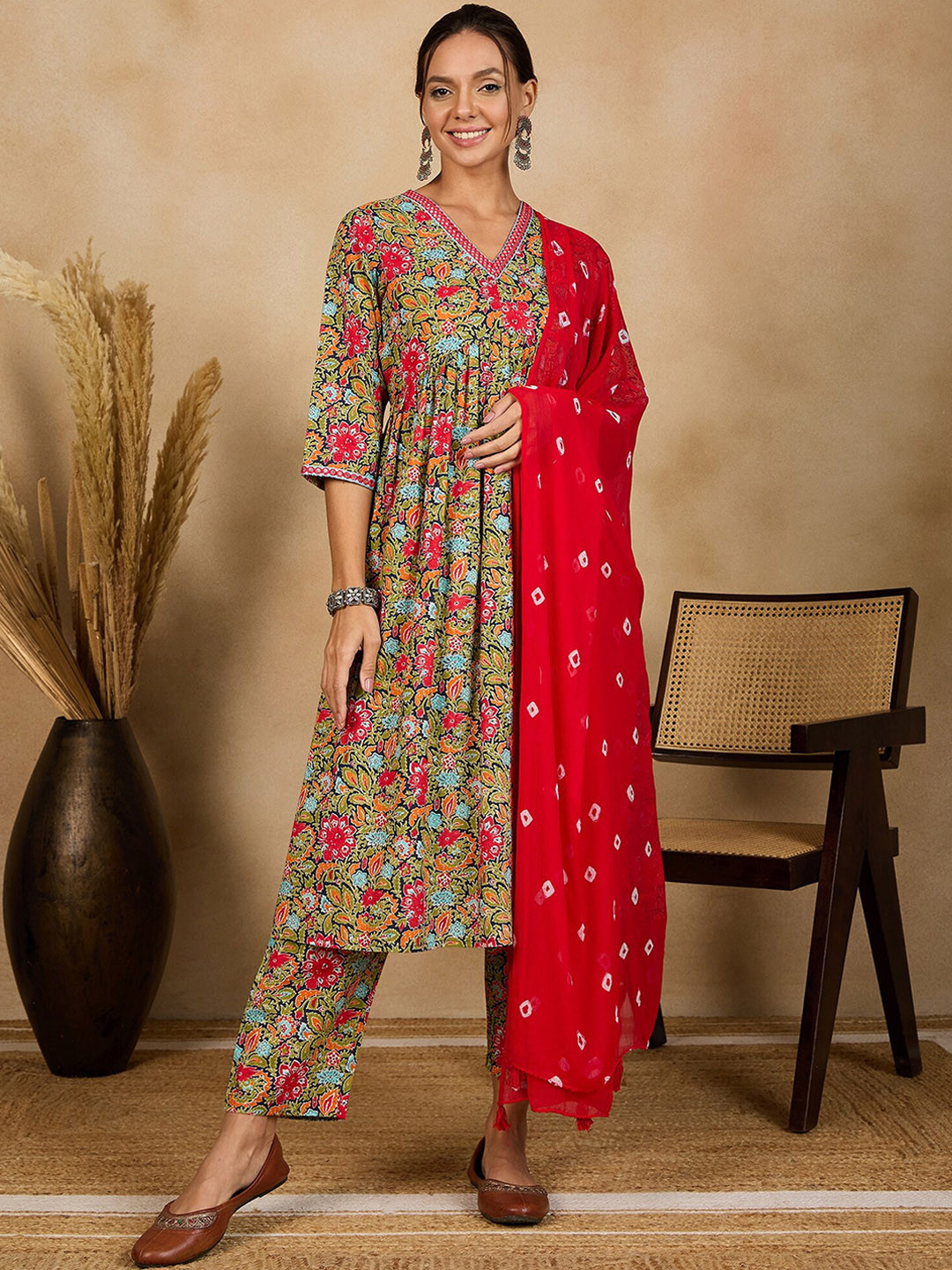 WineRed Floral Printed Empire Mirror Work Pure Cotton Kurta With Trouser & Dupatta