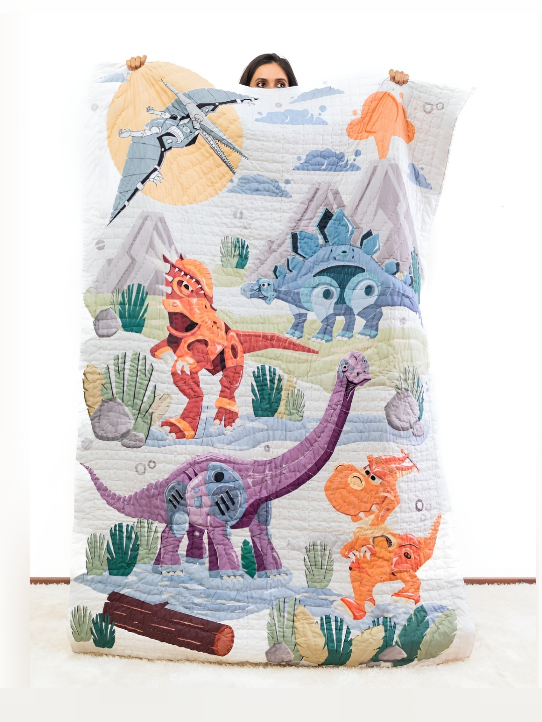 Zookeeper White & Blue Cartoon Characters Printed 120 GSM Single Bed Quilt
