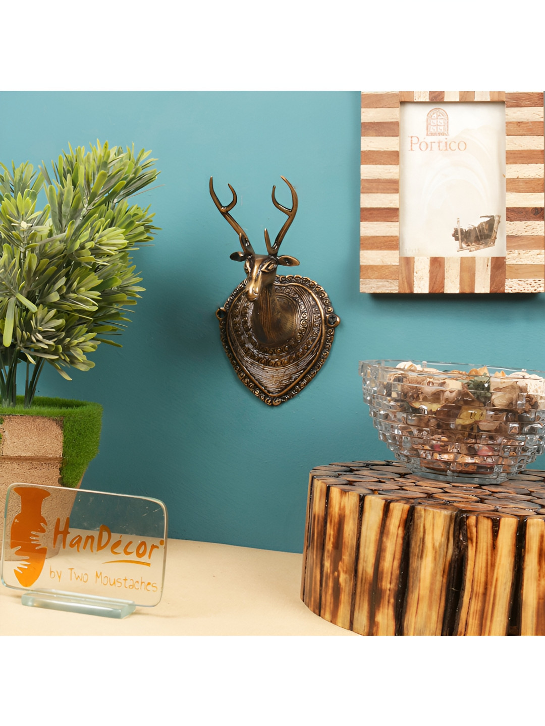 Two Moustaches Deer Head Brass Antique Hanging Hall Wall Hangings-8.9In