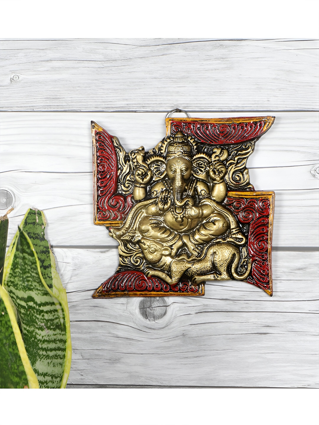 Two Moustaches Swastik Ganesha Metal Ethnic Motifs Glossy Hall Spiritual Wall Decor-7In