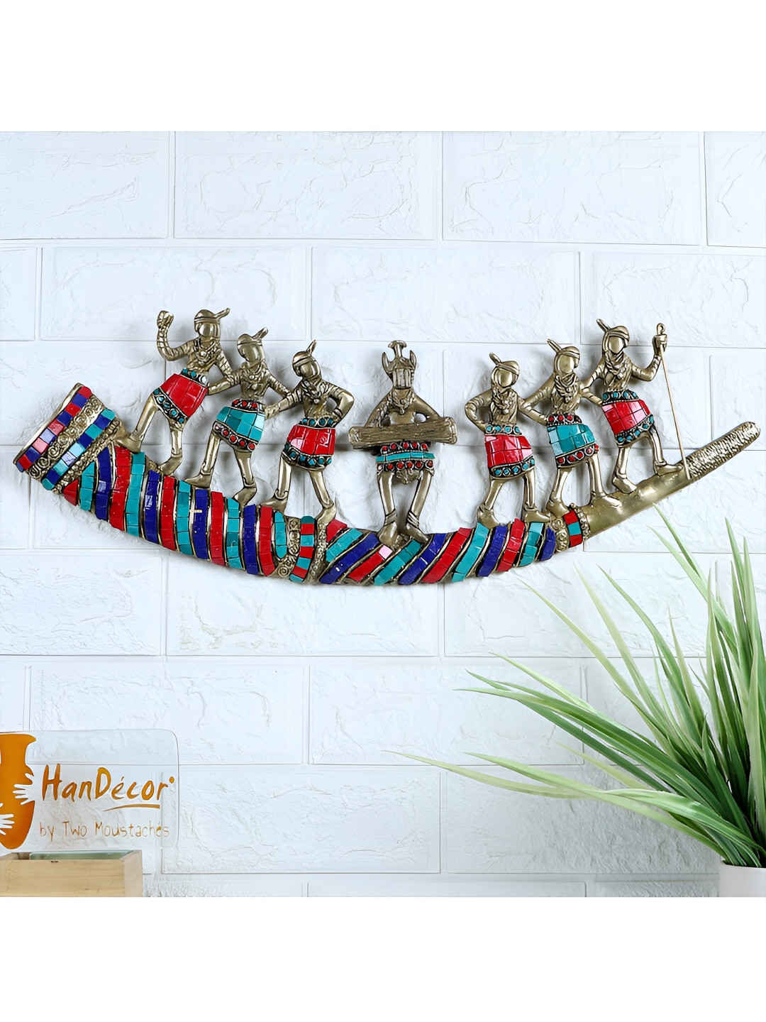 Two Moustaches Gemstone Work Tribal Folk Dancers Brass Glossy Hall Wall Hangings-6.9In