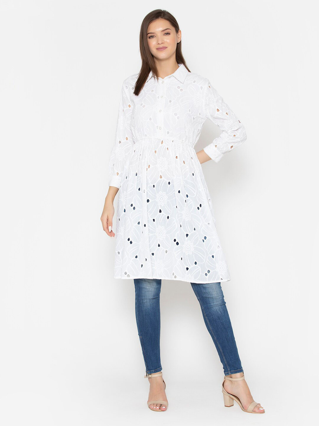 SANASH Collections Print Long Sleeves Shirt Collar Cotton Dress