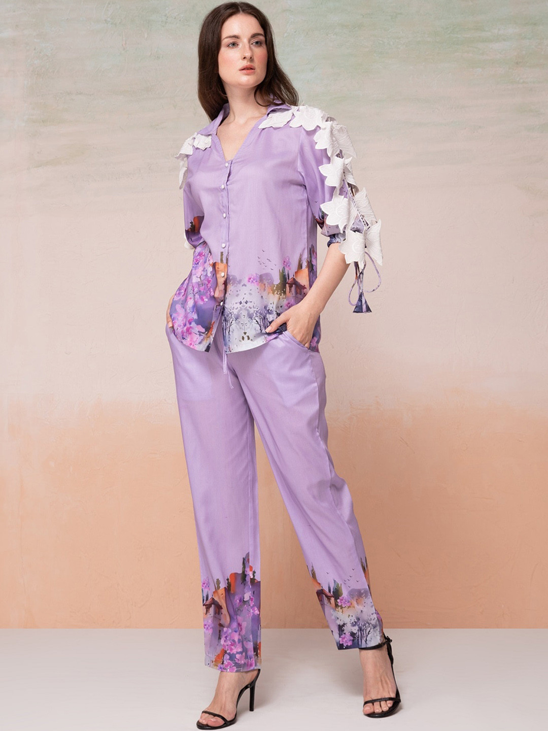 Bannos Swagger Purple Printed Tie-Up Sleeves Shirt With Trouser