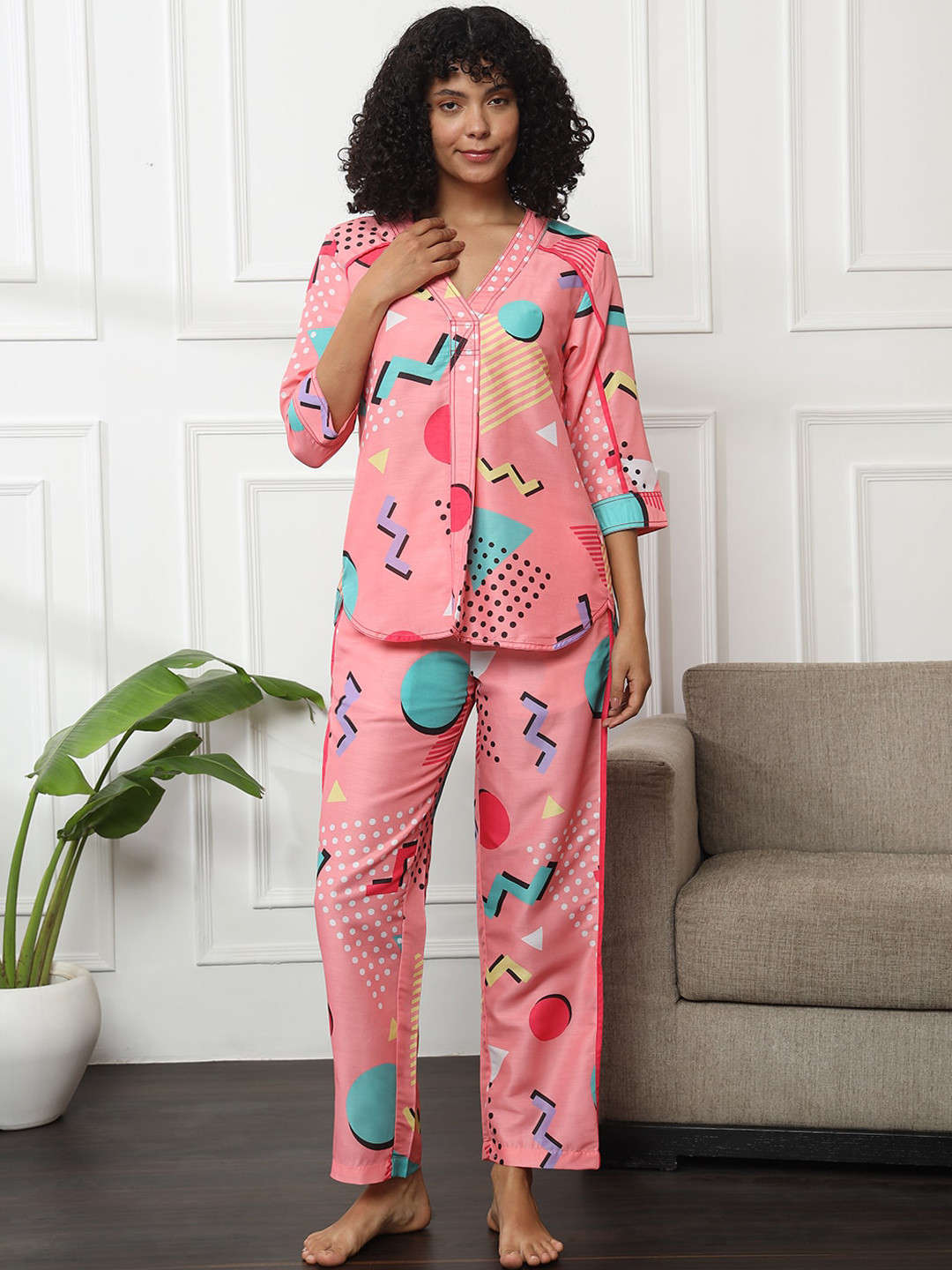 Bannos Swagger Peach-Coloured Geometric Printed Night Suit