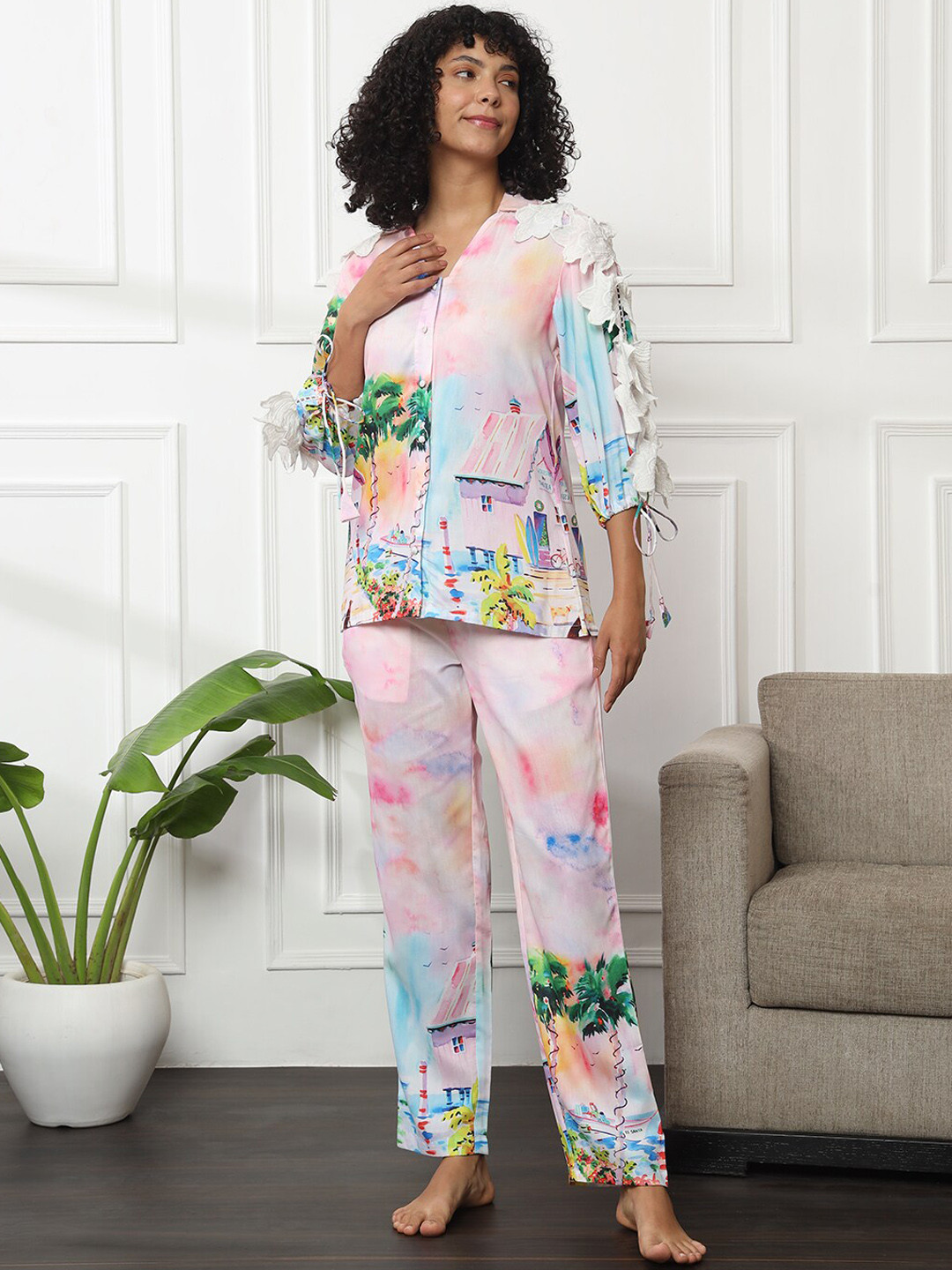 Bannos Swagger Pink Graphic Printed Shirt Collar Top With Pyjamas