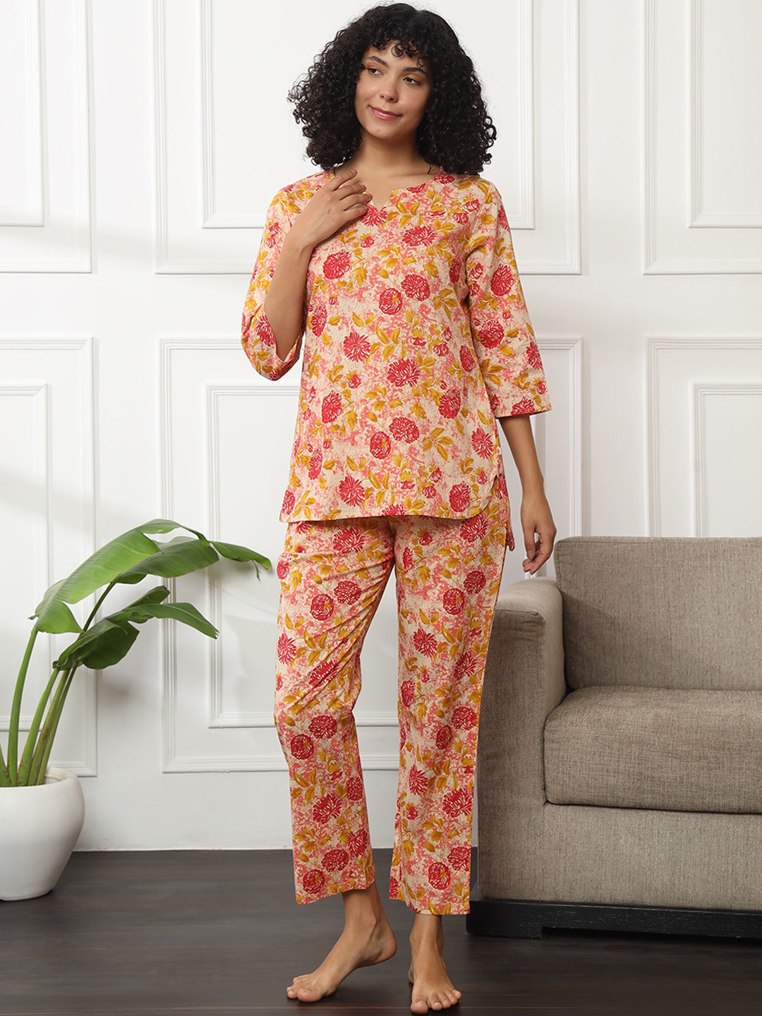 Bannos Swagger Beige Floral Printed Pure Cotton Night Suit