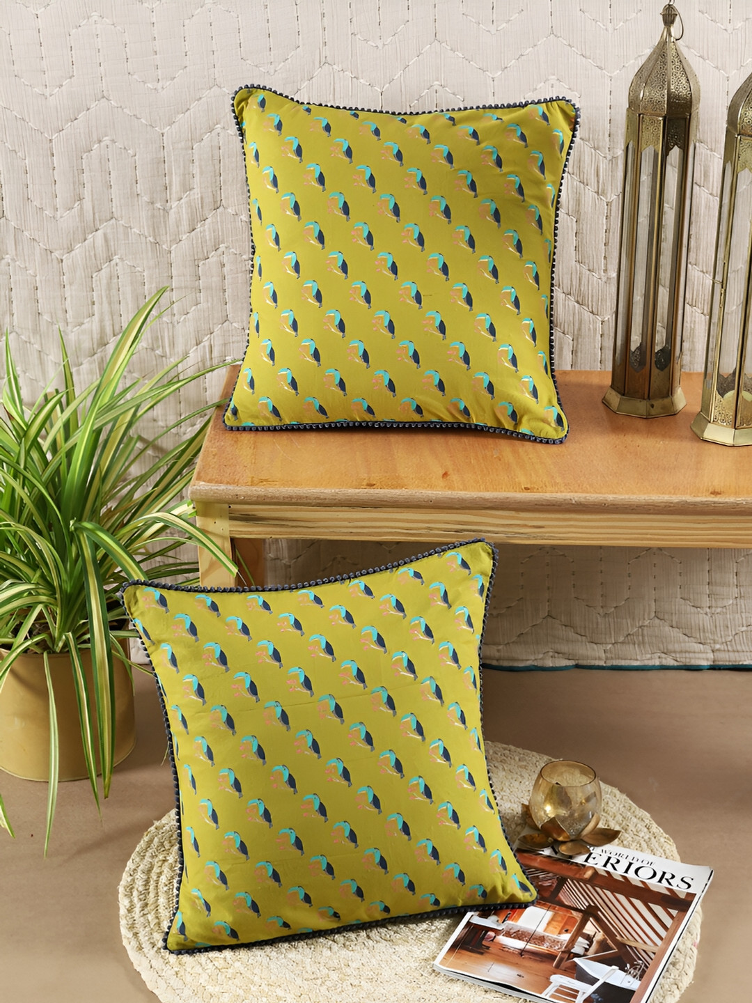 Ratan Cart Green & Blue 2 Pieces Bird Printed Square Cotton Cushion Covers