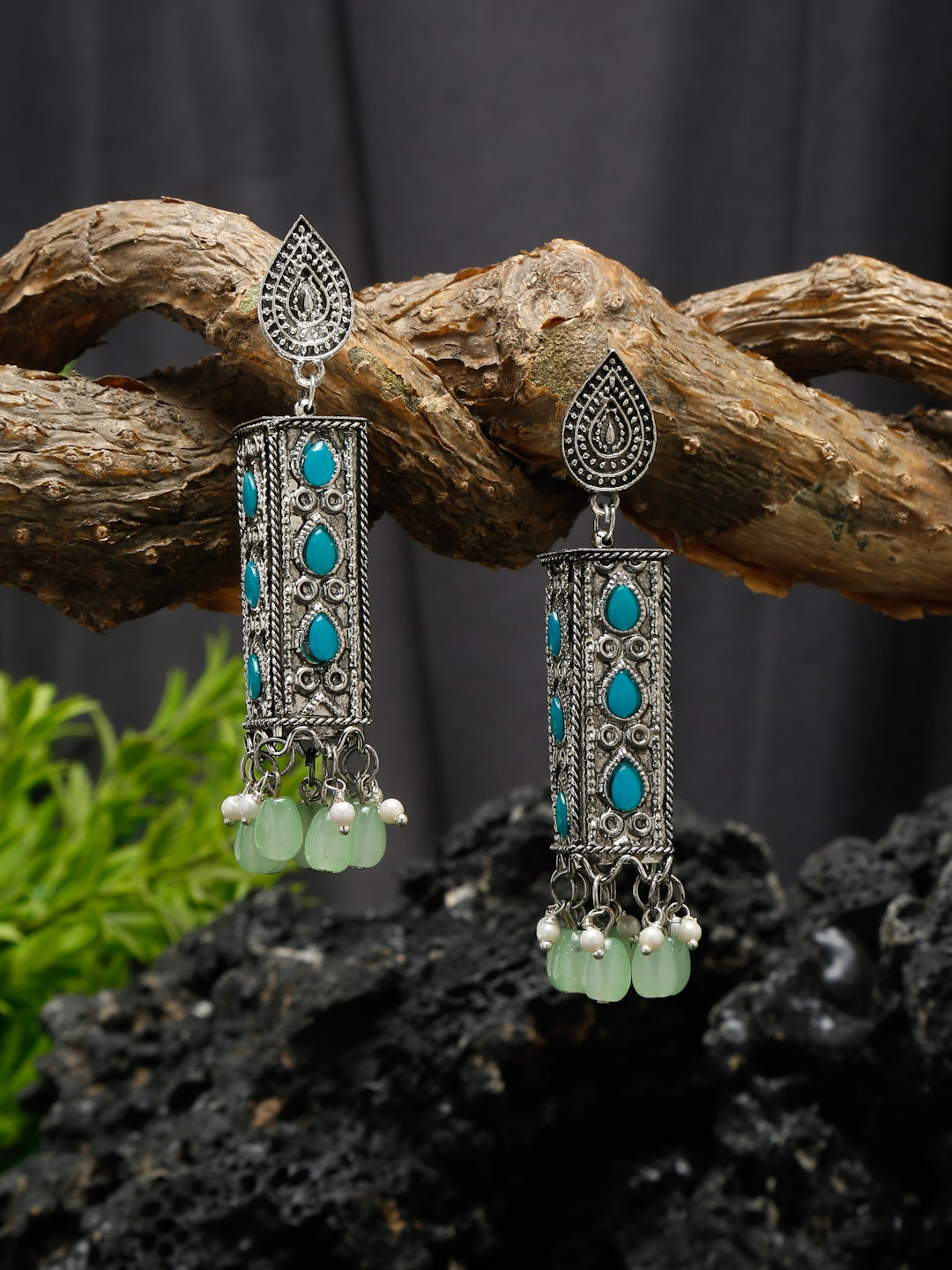 Sangria Silver-Plated Stone-Studded & Beaded Weightless Oxidised Drop Earrings