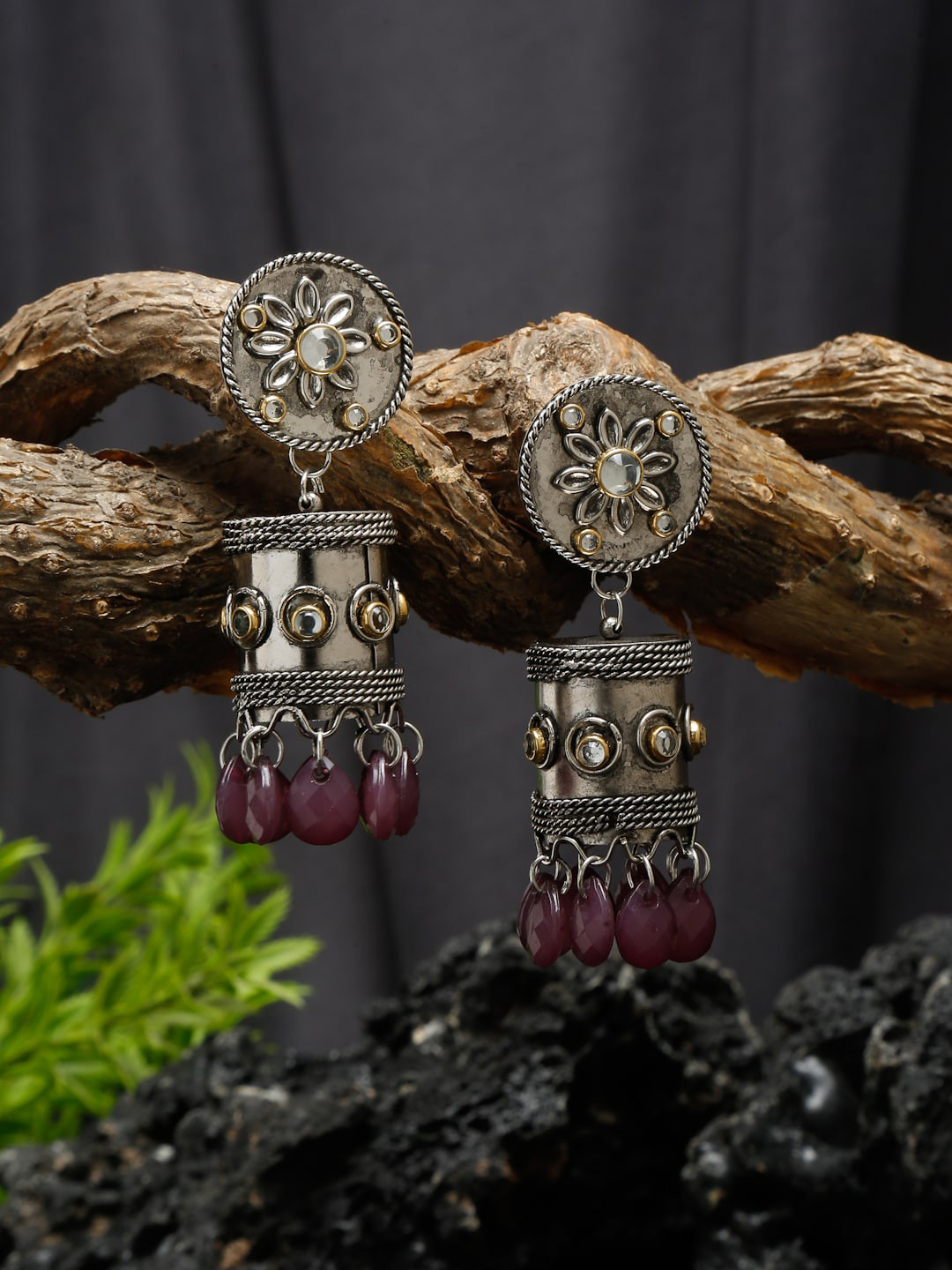 Sangria Silver-Plated Stone-Studded Beaded Weightless Oxidised Drop Earrings