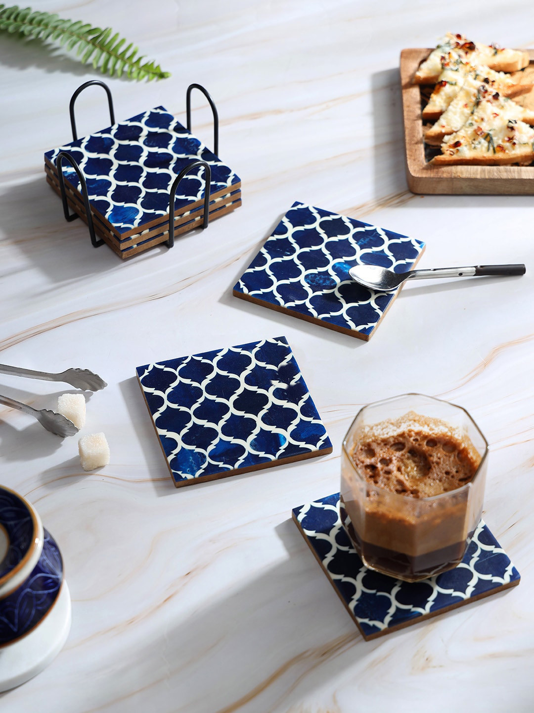 DULI Blue & White 6 Pieces Wooden Printed Coasters