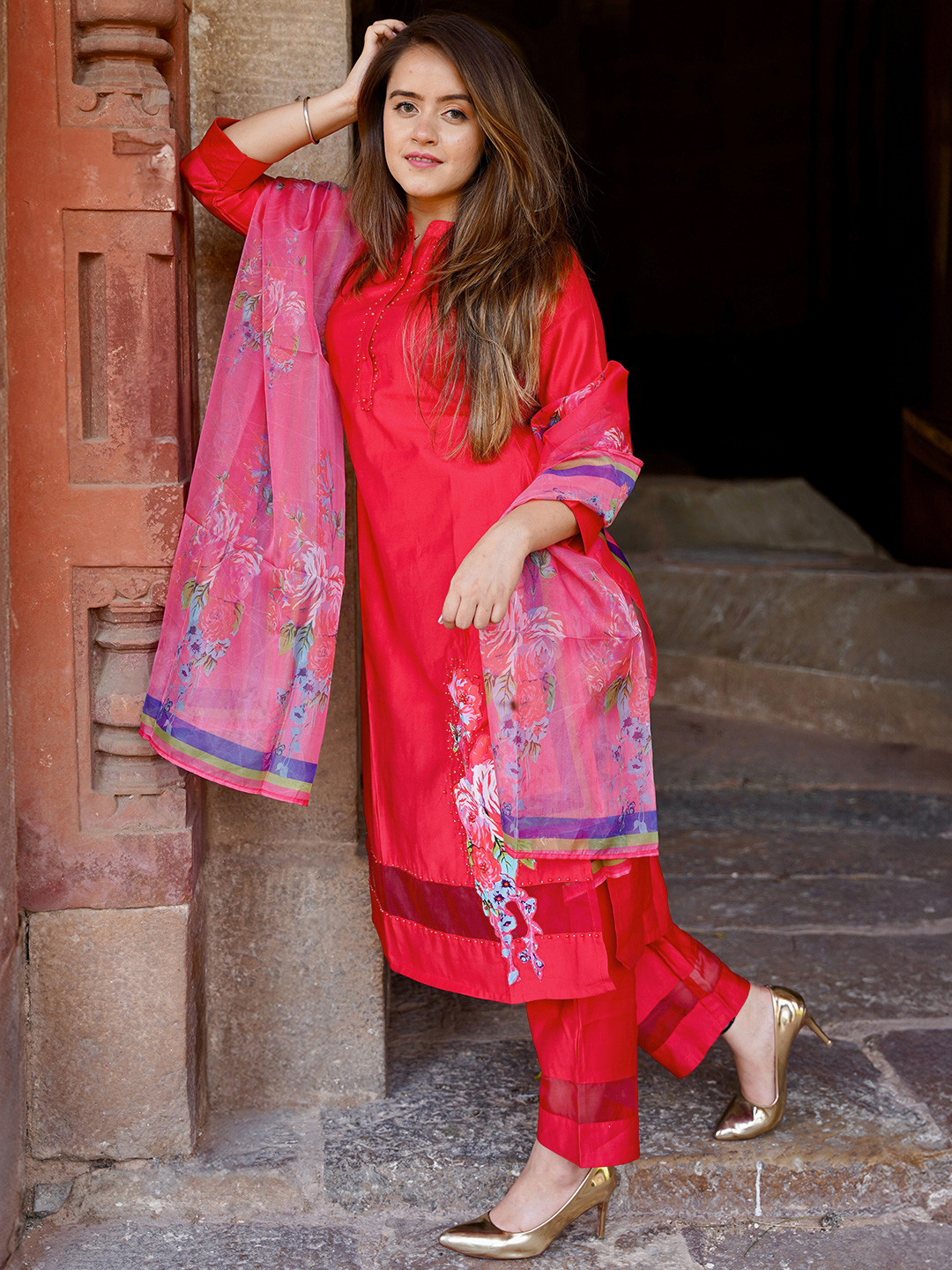 Libas Red Floral Printed Beads and Stones Straight Kurta with Trousers & Dupatta