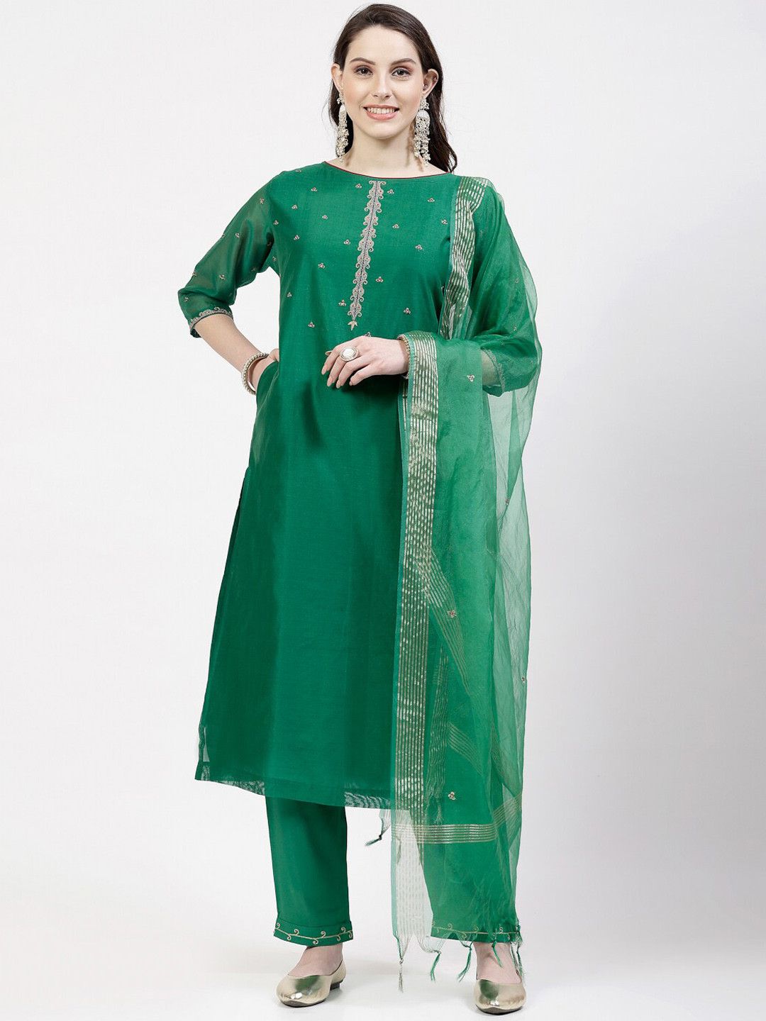 DART STUDIO Ethnic Motifs Embroidered Boat Neck Zardozi Chanderi Silk Kurta with Palazzos