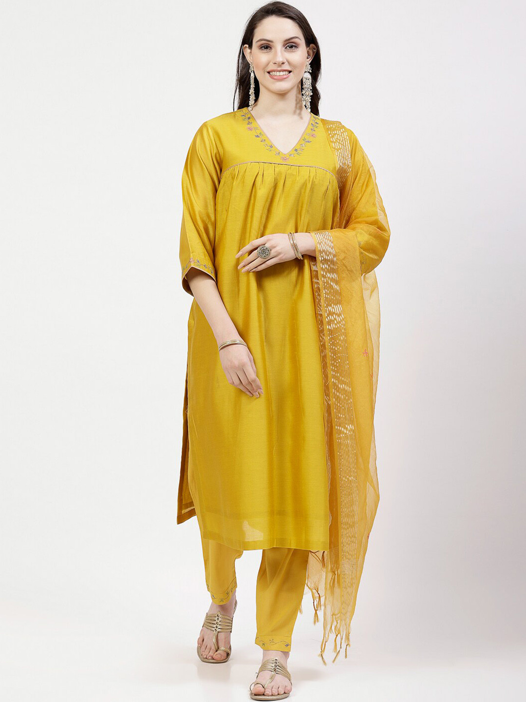 DART STUDIO Embroidered V-Neck Pleated Zardozi Chanderi Silk Kurta Set