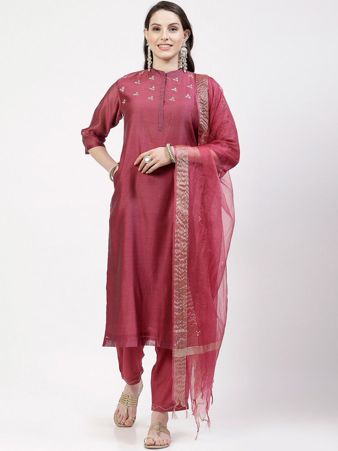 DART STUDIO Band Collar Thread Work Chanderi Silk Kurta With Trouser