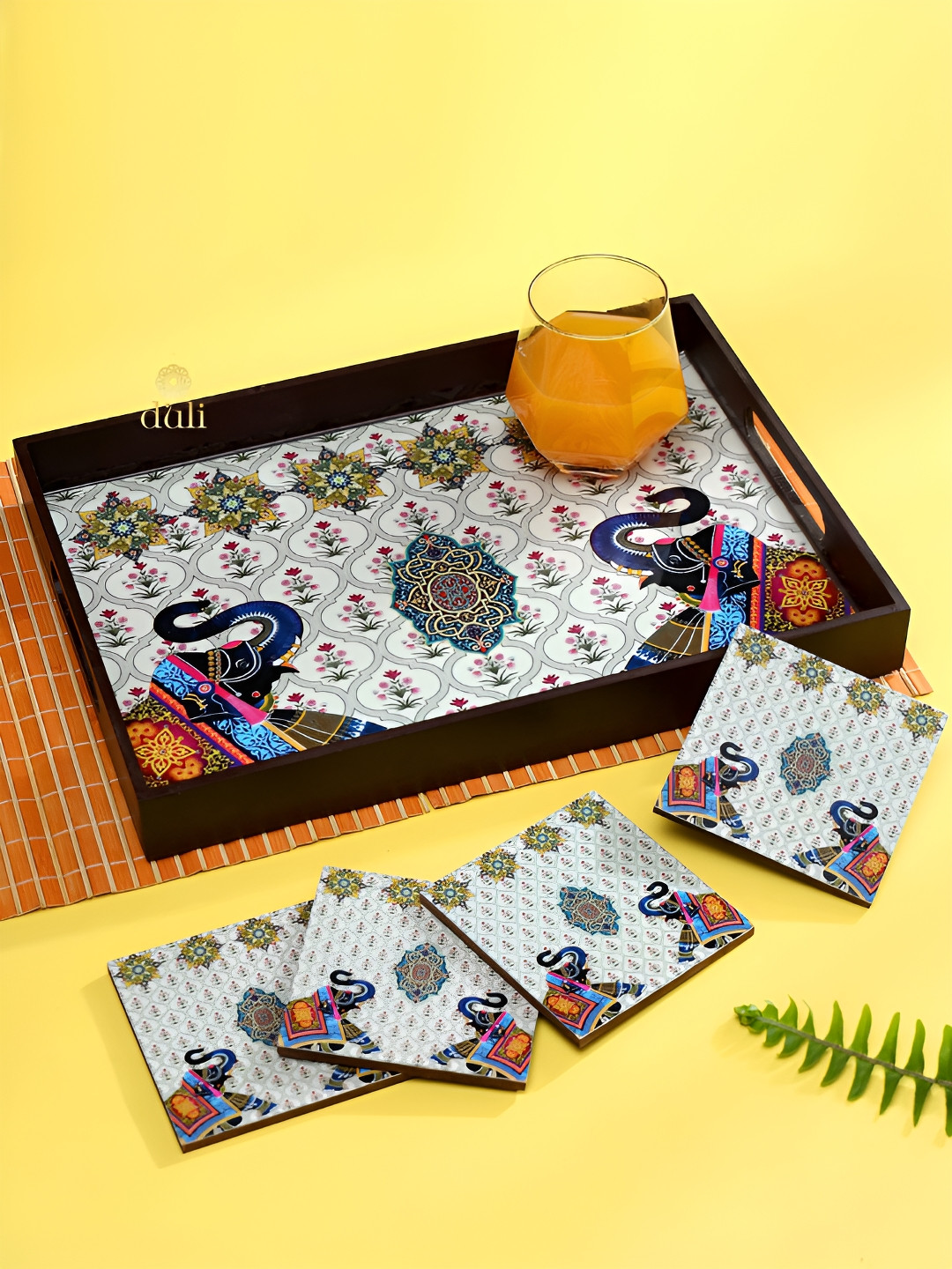 DULI 5 Pieces Brown Enamel Wooden Serving Tray & Coasters