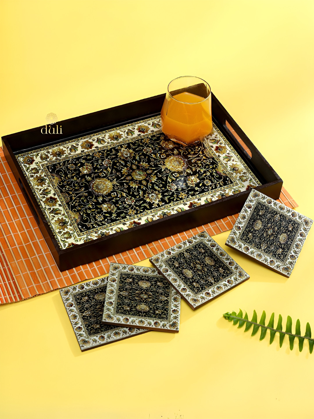 DULI 5 Pieces Brown Enamel Wooden Serving Tray & Coasters