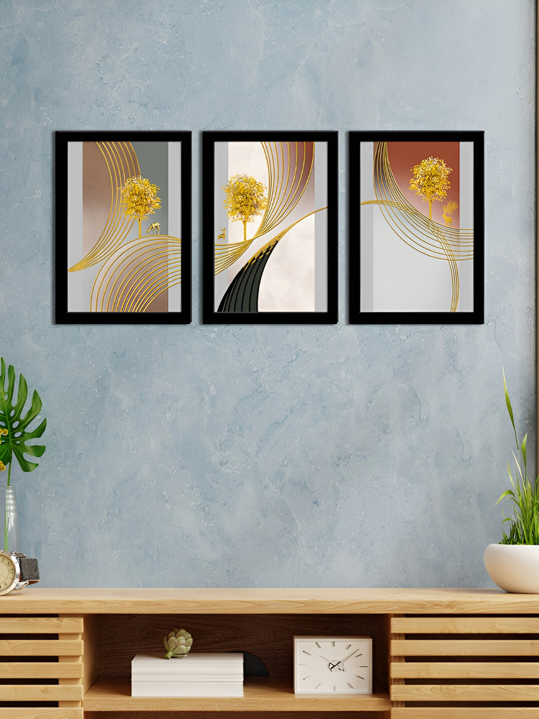 WENS Black & Yellow3 Pieces Synthetic Wooden Painting Wall Art