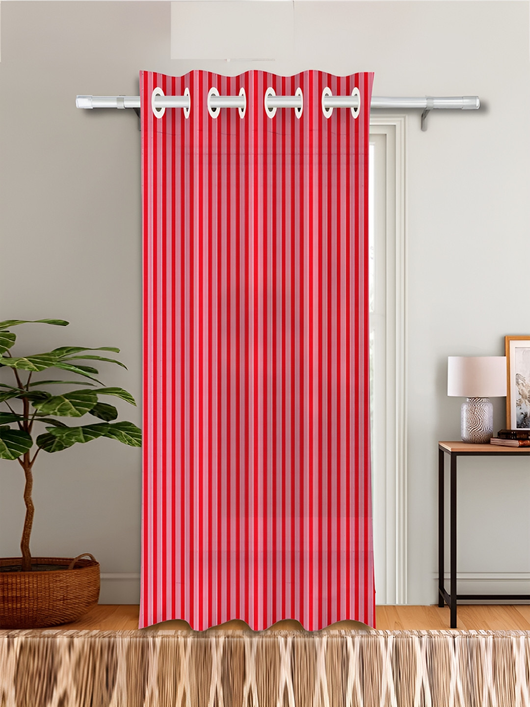 Kuber Industries Maroon & Pink Striped Eyelet Door Curtain
