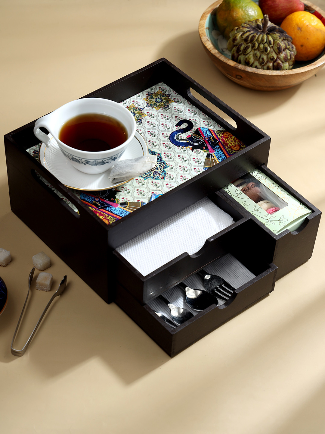 DULI Black Wooden Tray Organiser with Drawers