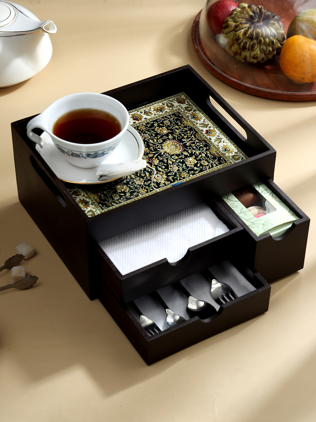 DULI Black Wooden Printed Tray Organiser with Drawers