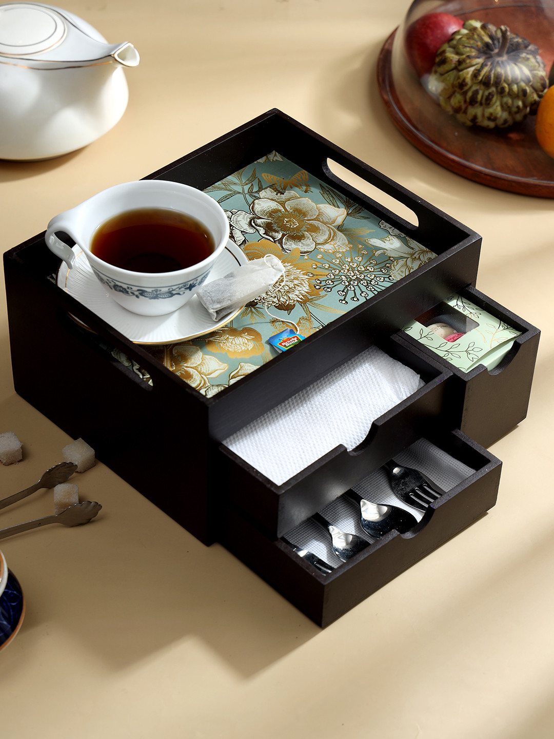 DULI Grey & Black Printed Wooden Rectangle Tray With Drawer