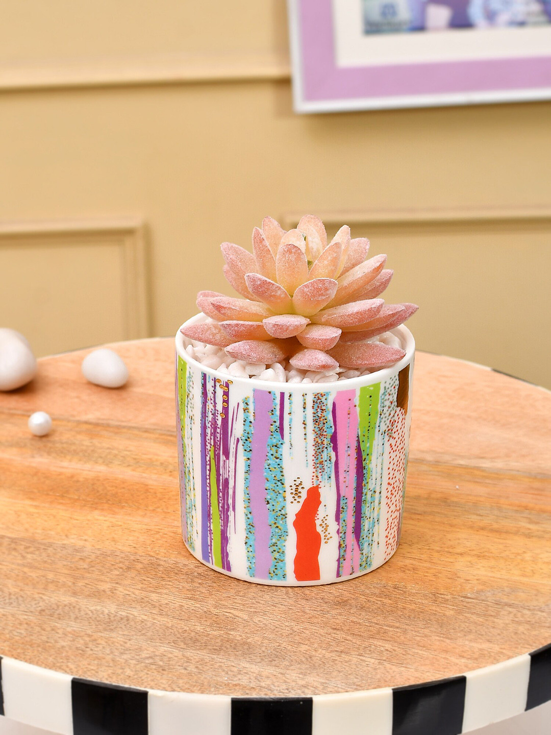 TAYHAA White & Pink Striped Sucullent Artificial Plant